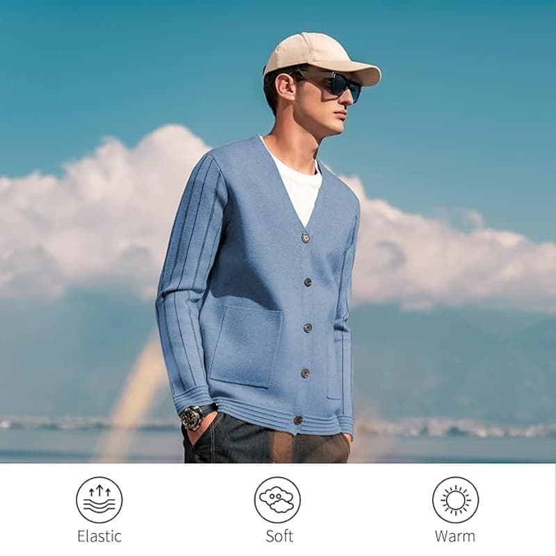 Men’s V Neck Cardigan Sweater Blue Button Knit Casual Lightweight Size L - Thumbnail 3
