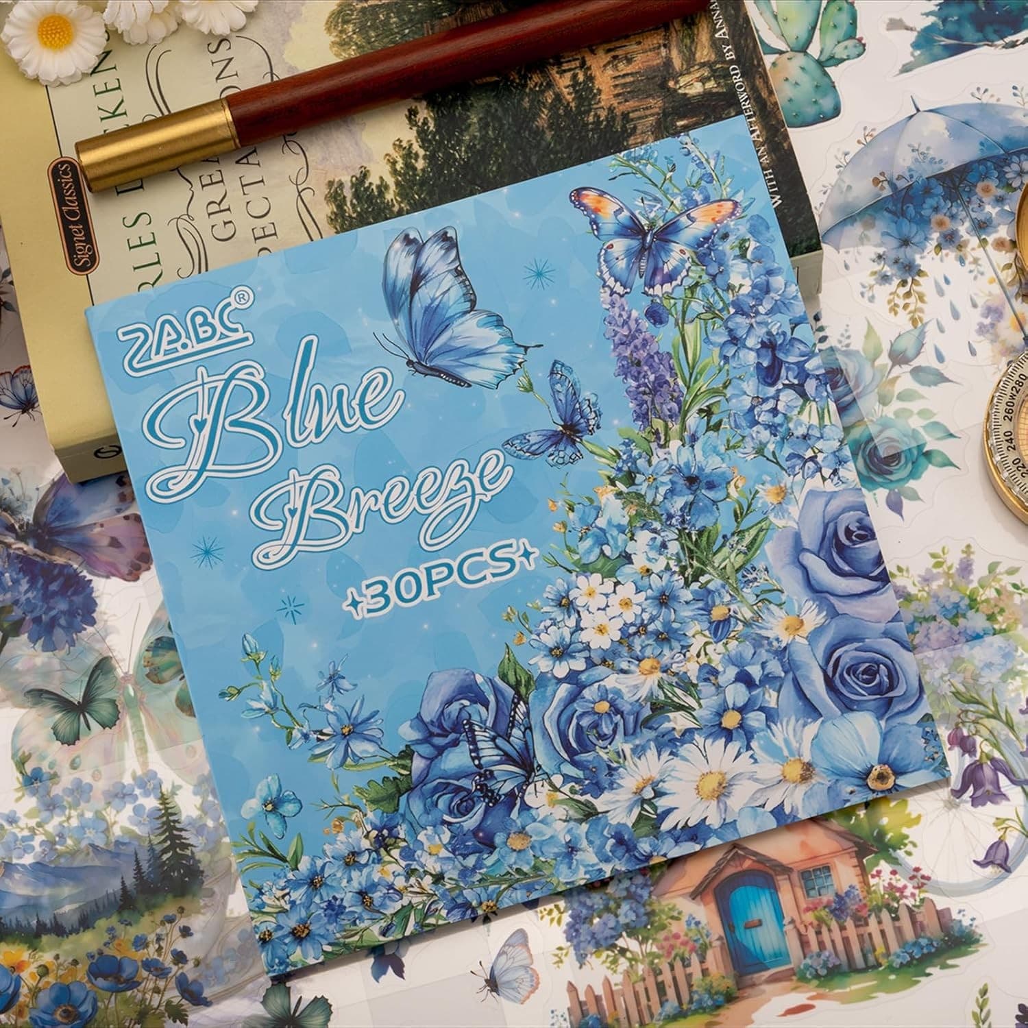 Blue Butterfly Scrapbooking Stickers Junk Journal PET Vintage Floral 30 Sheets - Thumbnail 4