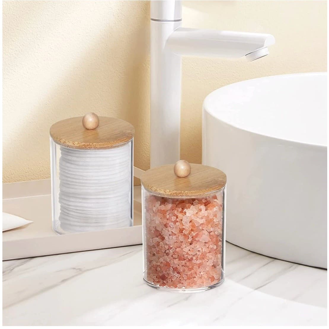 4 Pack Qtip Holder Dispenser with Bamboo Lids Clear Plastic Bathroom Storage - Thumbnail 6