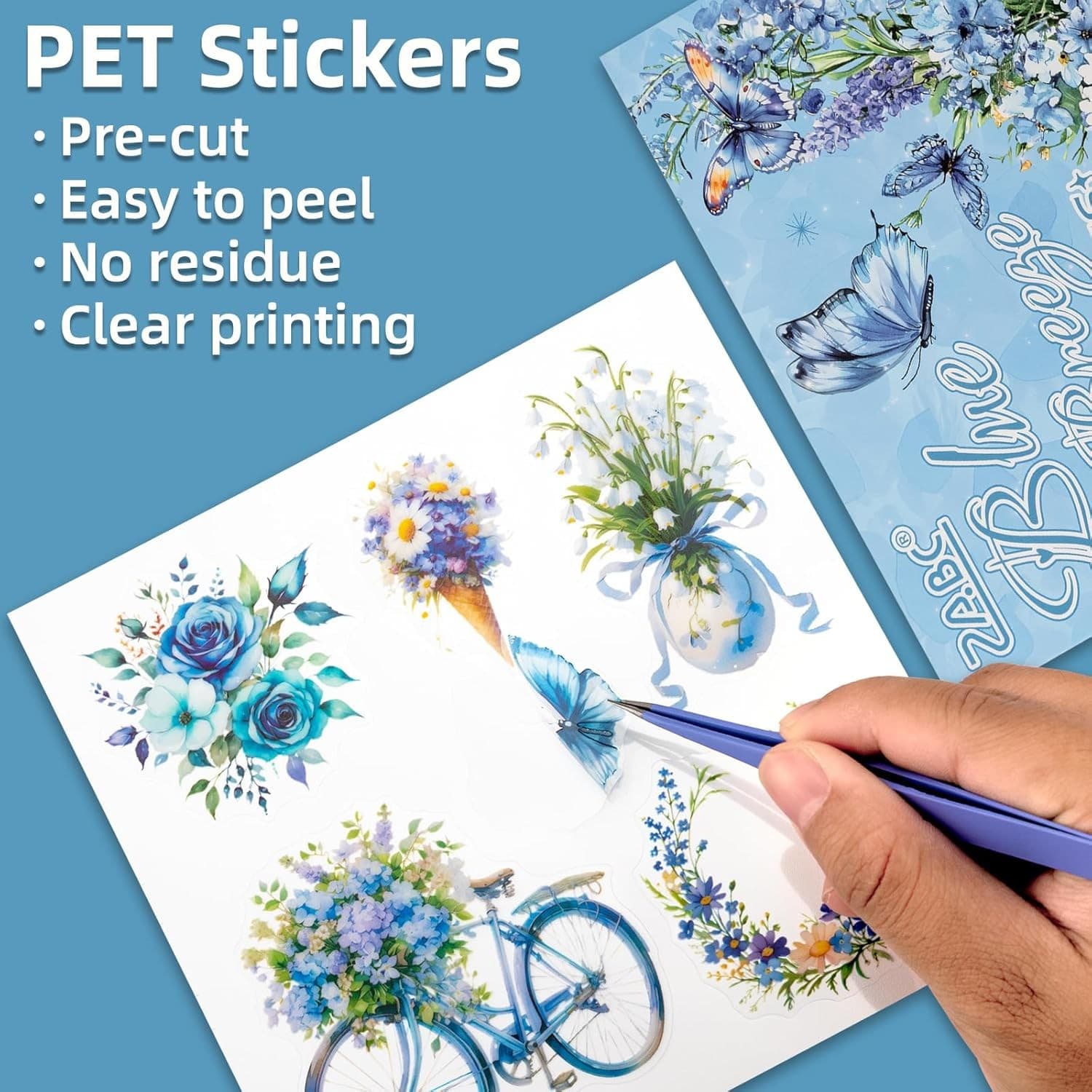 Blue Butterfly Scrapbooking Stickers Junk Journal PET Vintage Floral 30 Sheets - Thumbnail 2