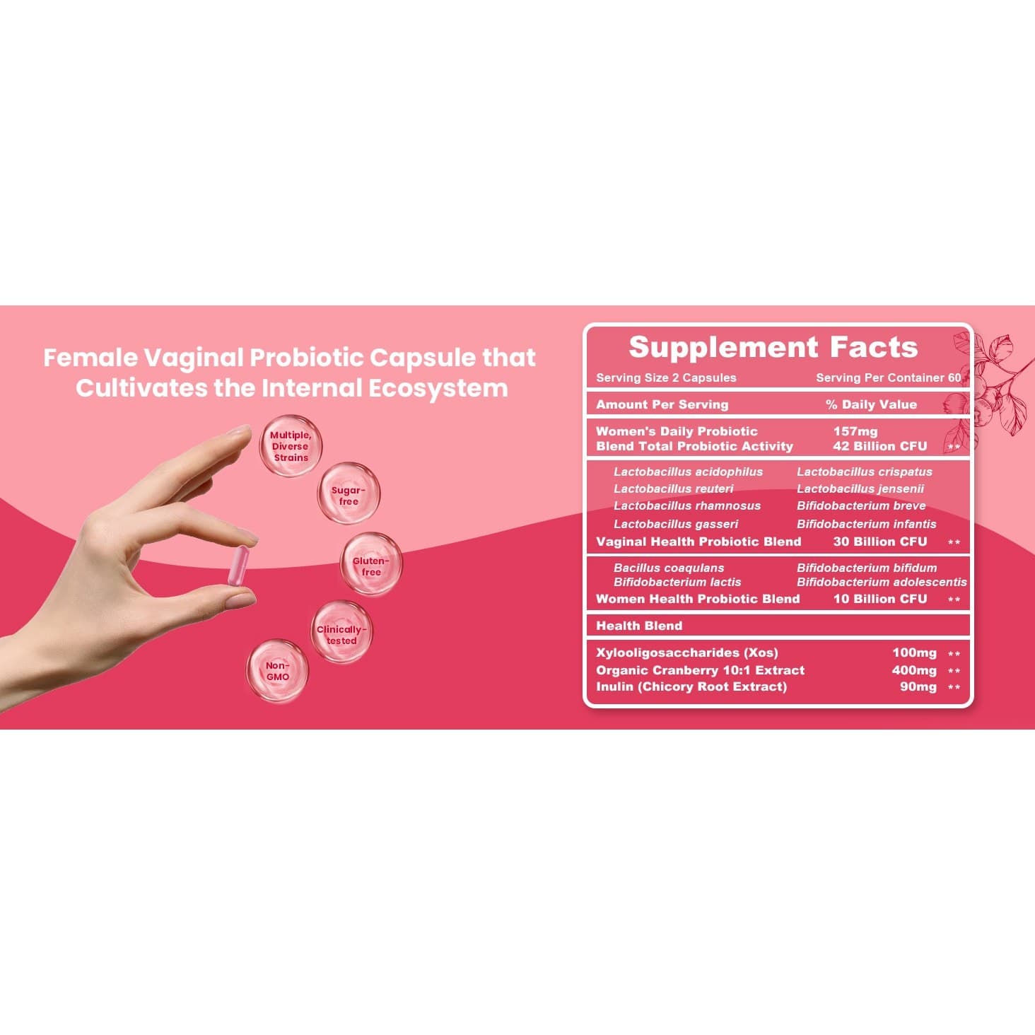 Vaginal Probiotics for Women 42 Billion CFU pH Balance Cranberry 60 Caps - Thumbnail 14
