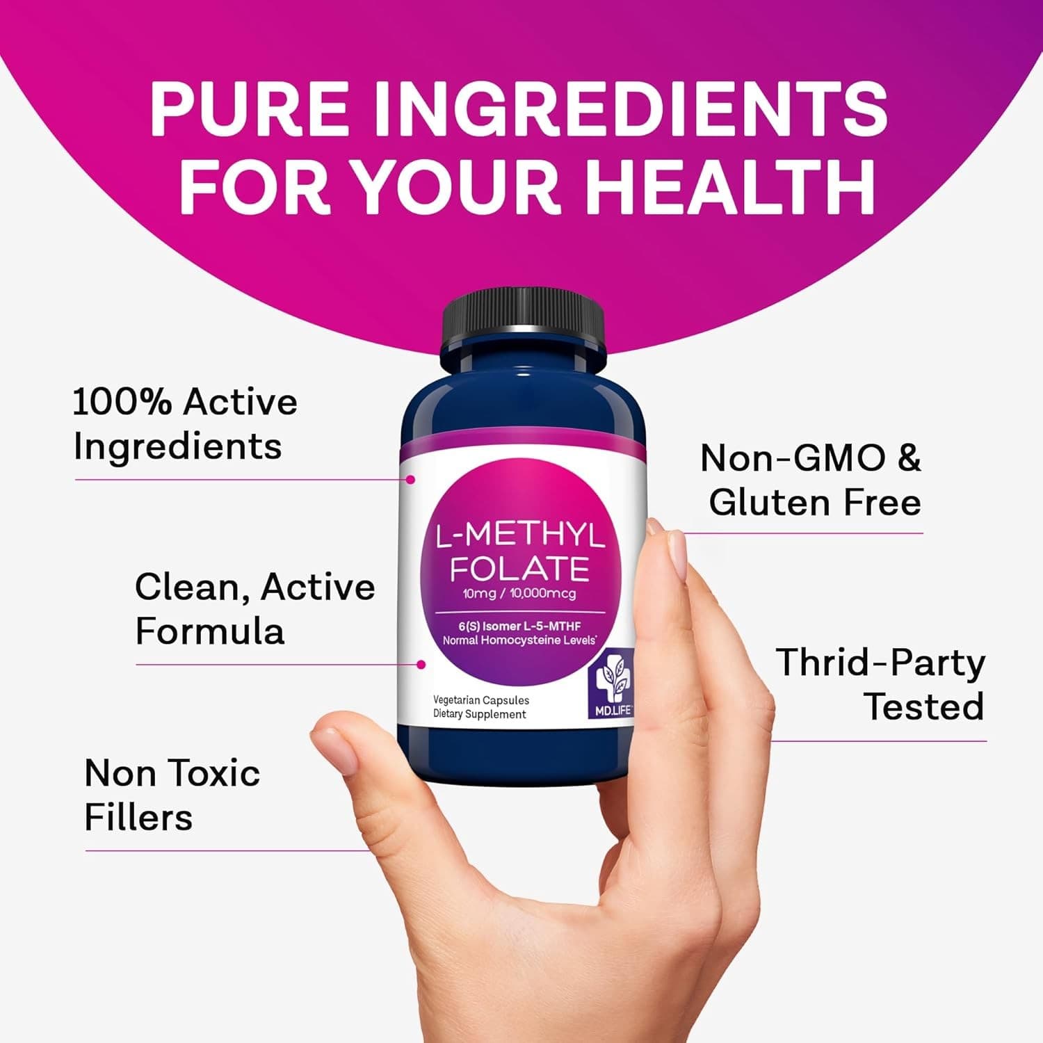 MD Life L-Methyl Folate 10mg 30 Capsules L-5-MTHF Active Folate Non-GMO Gluten - Thumbnail 2