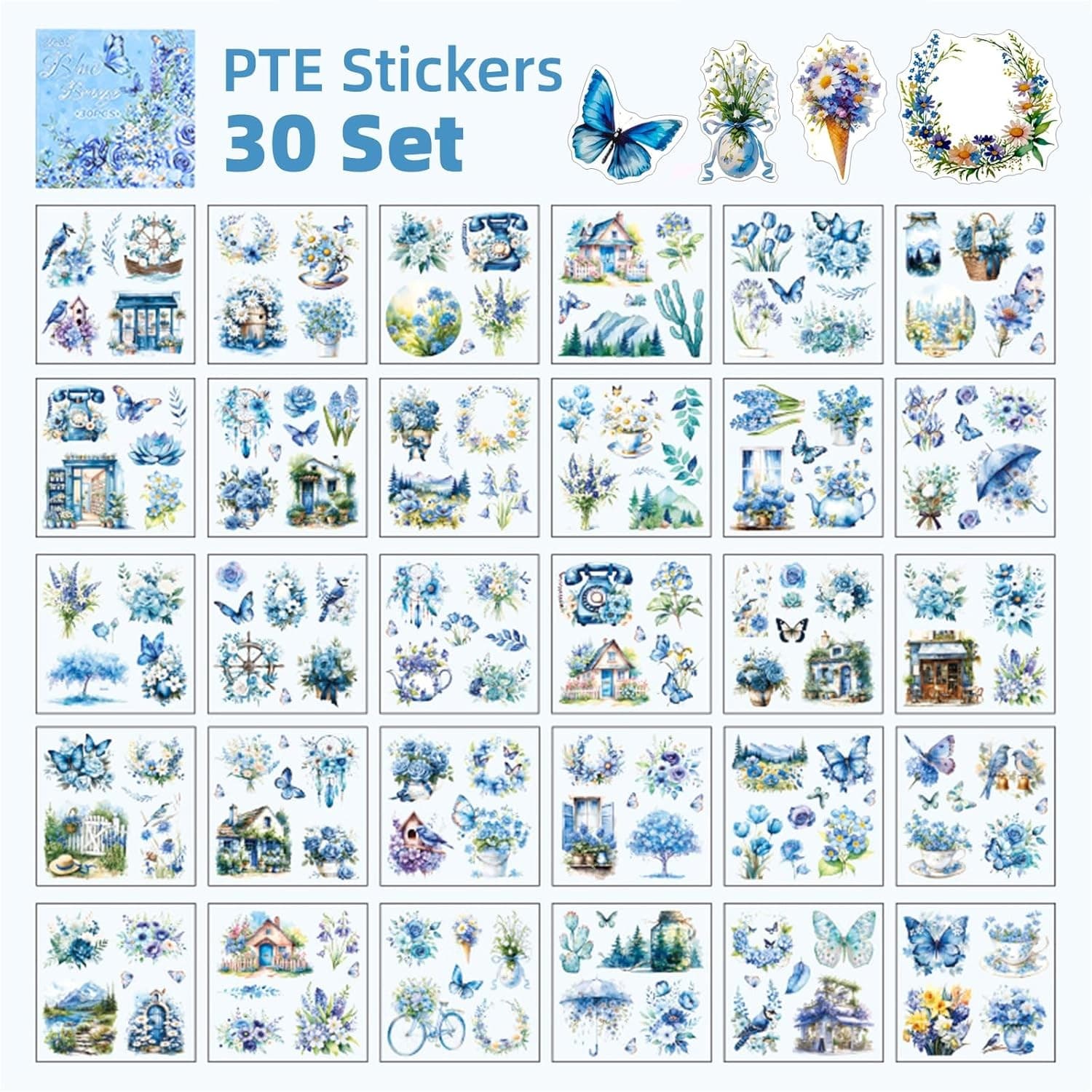 Blue Butterfly Scrapbooking Stickers Junk Journal PET Vintage Floral 30 Sheets - Thumbnail 6