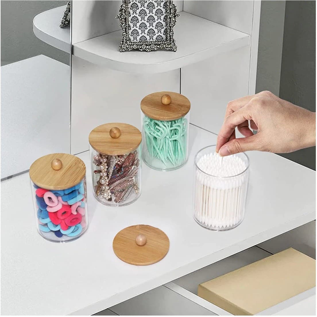 4 Pack Qtip Holder Dispenser with Bamboo Lids Clear Plastic Bathroom Storage - Thumbnail 2