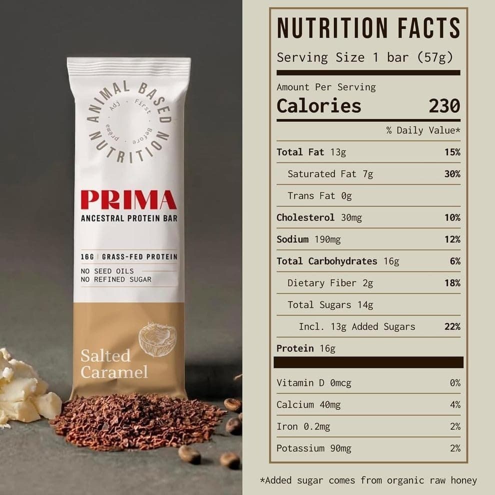 PRIMA Protein Bars 7 Pack Grass Fed Beef Collagen Keto Paleo, Salted Caramel - Thumbnail 2