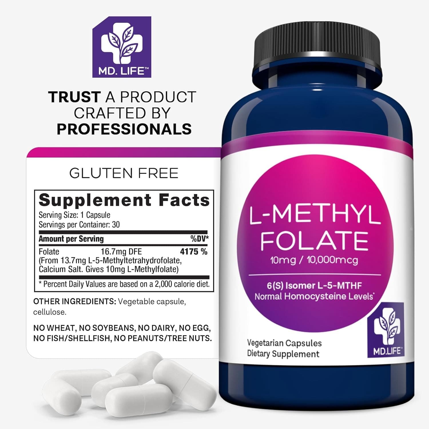 MD Life L-Methyl Folate 10mg 30 Capsules L-5-MTHF Active Folate Non-GMO Gluten - Thumbnail 4