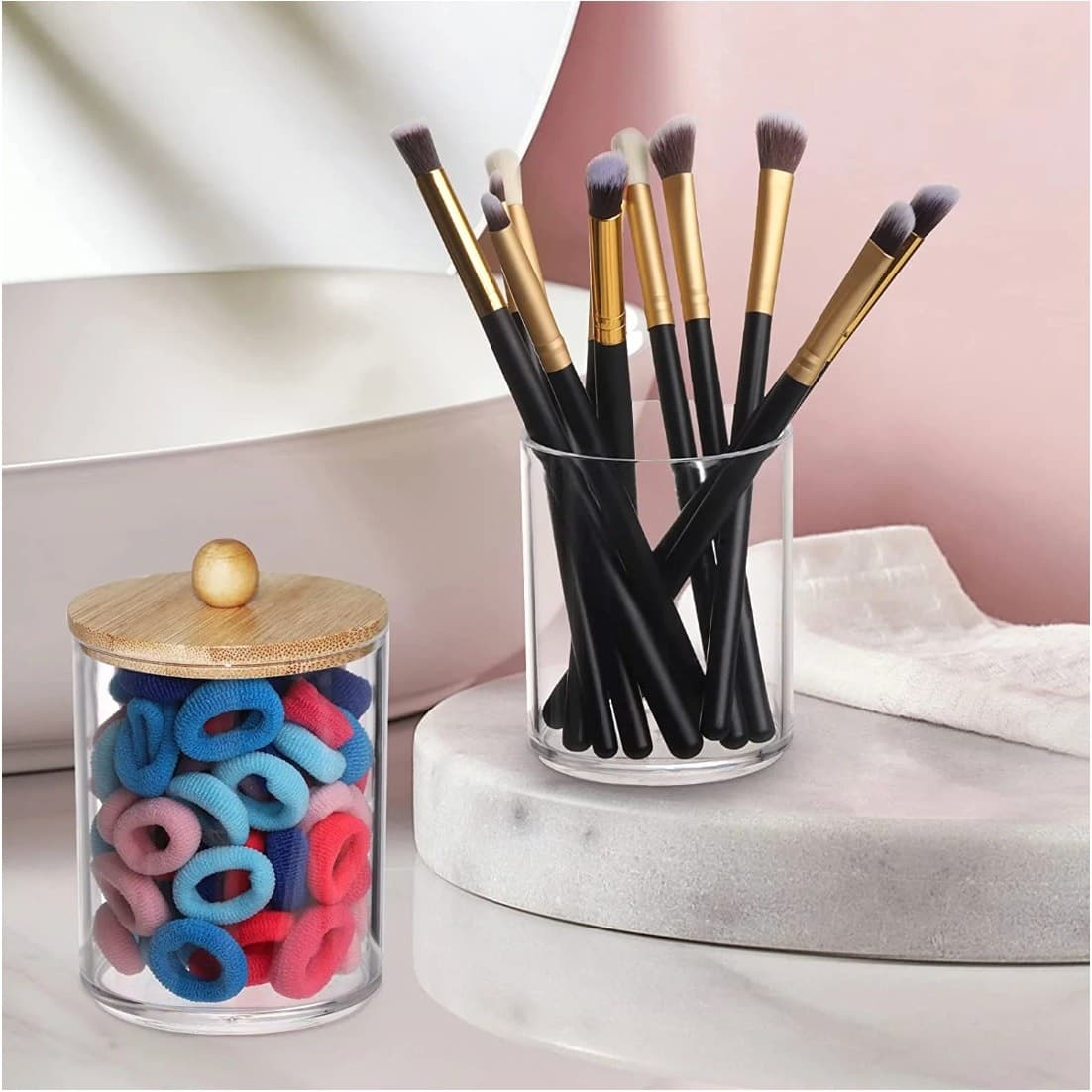 4 Pack Qtip Holder Dispenser with Bamboo Lids Clear Plastic Bathroom Storage - Thumbnail 7