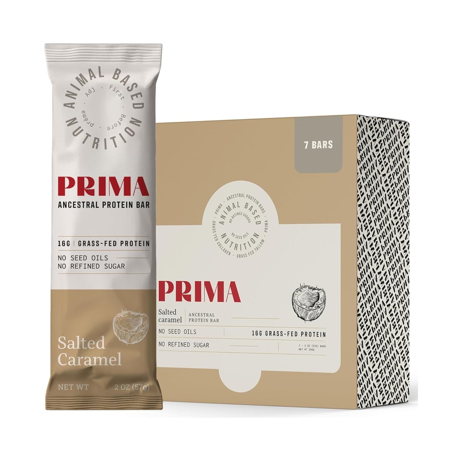 PRIMA Protein Bars 7 Pack Grass Fed Beef Collagen Keto Paleo, Salted Caramel