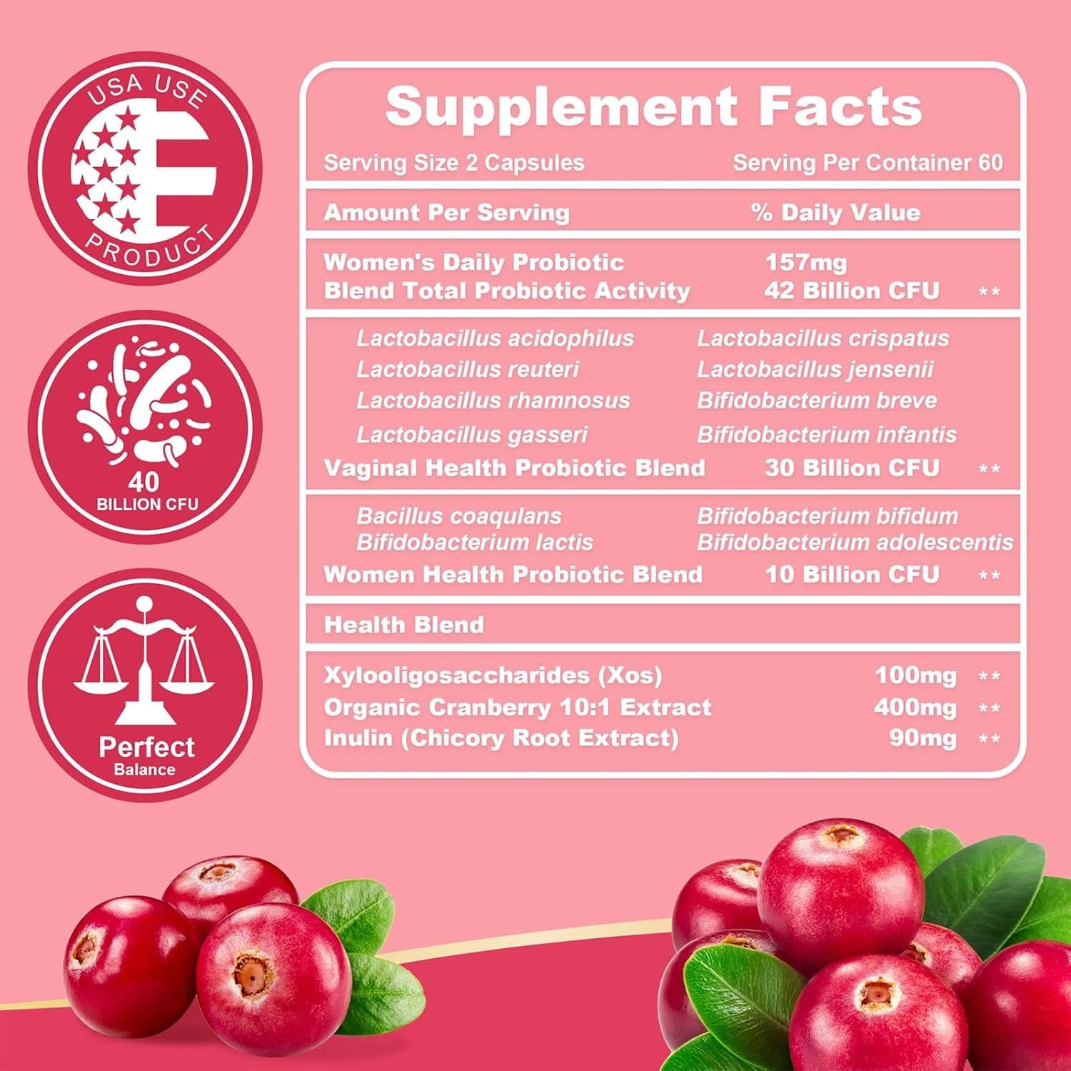 Vaginal Probiotics for Women 42 Billion CFU pH Balance Cranberry 60 Caps - Thumbnail 2