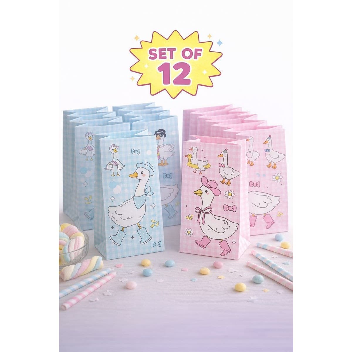 Cute Goose Party Favor Bags Pink Blue | Birthday Candy Treat Bags Set of 12 - Thumbnail 2