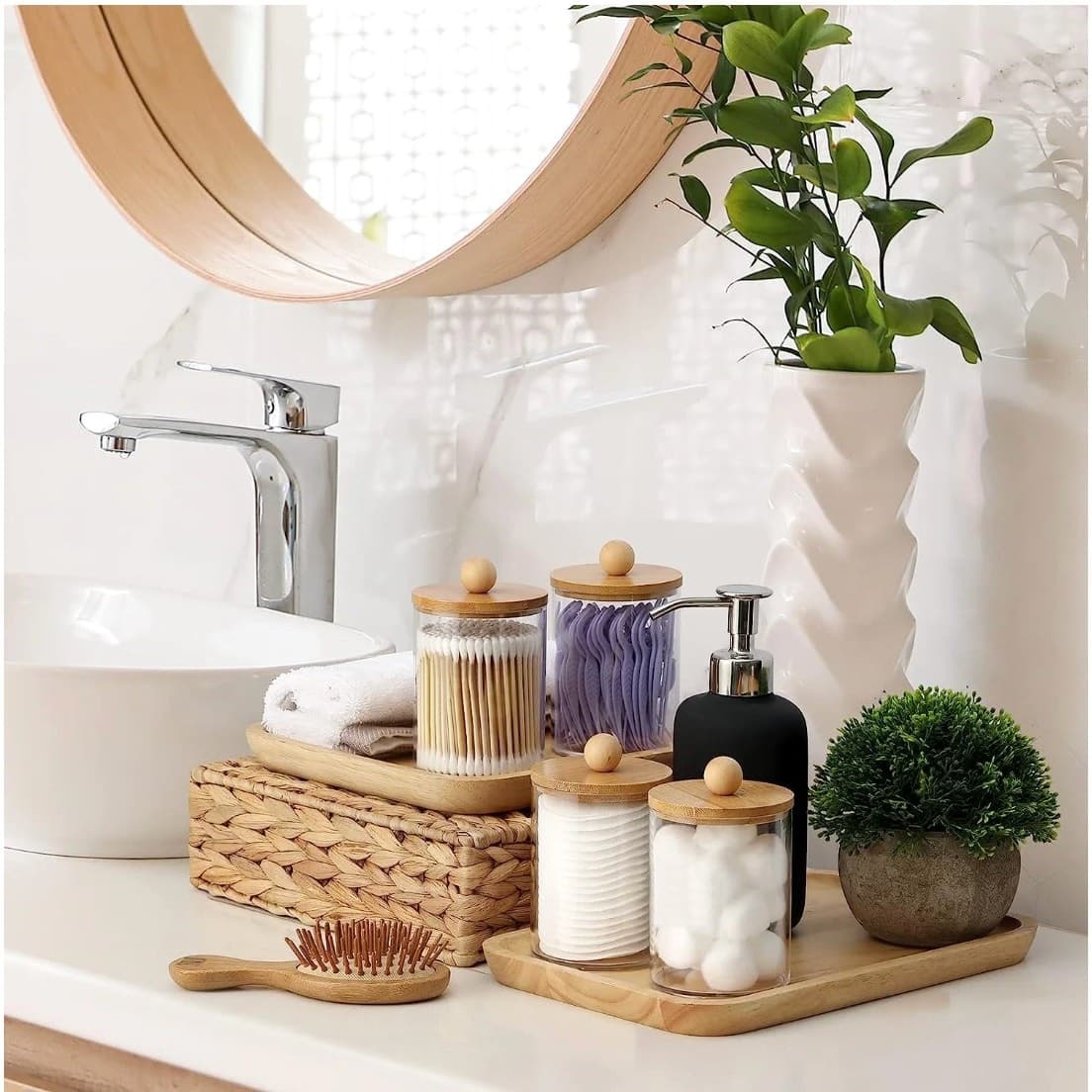 4 Pack Qtip Holder Dispenser with Bamboo Lids Clear Plastic Bathroom Storage - Thumbnail 3