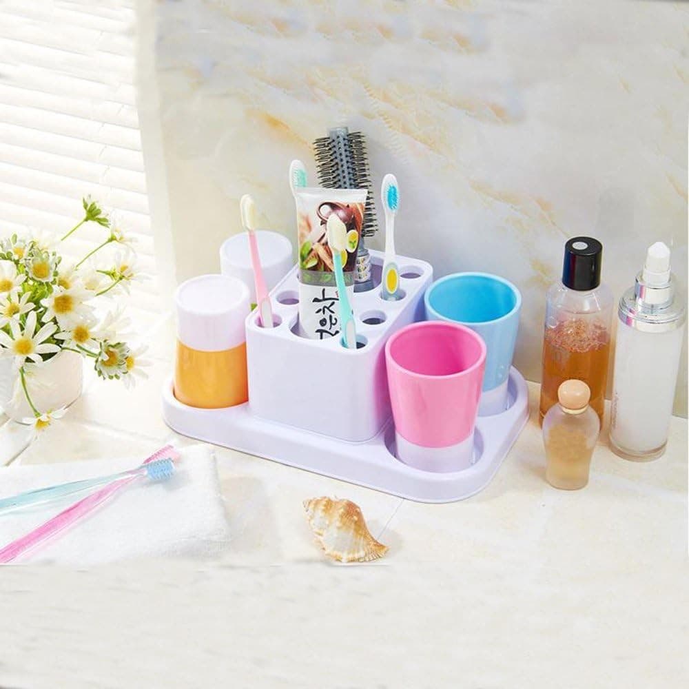 Toothbrush Holder Organizer w/ 4 Rinse Cups Bathroom Countertop Stand - Thumbnail 4