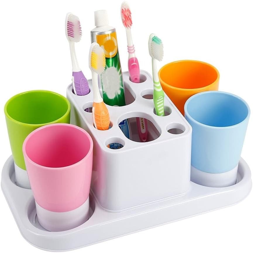 Toothbrush Holder Organizer w/ 4 Rinse Cups Bathroom Countertop Stand - Thumbnail 5