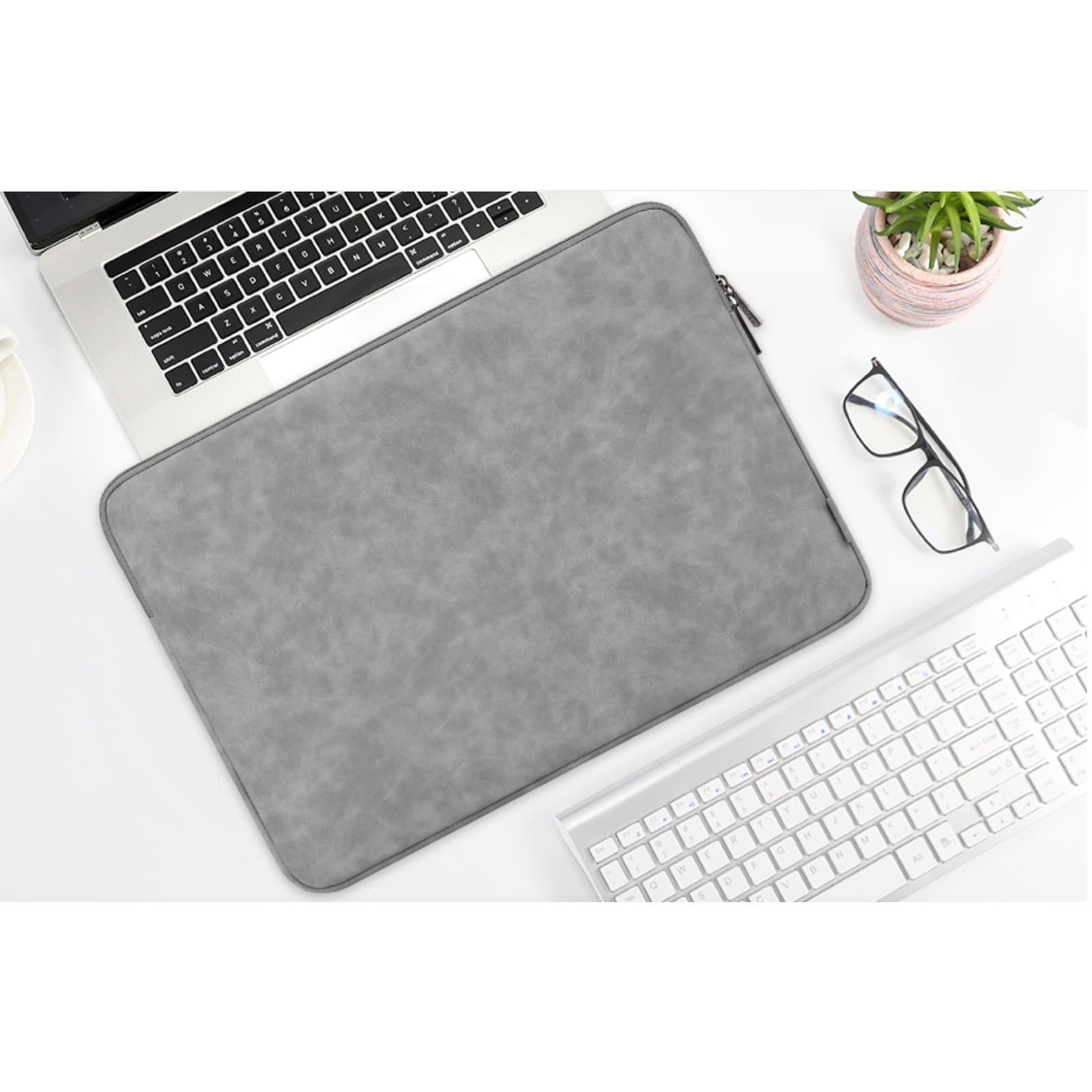 15.6 Laptop Sleeve Water Resistant Padded Carrying Case Soft Cover Grey - Thumbnail 4