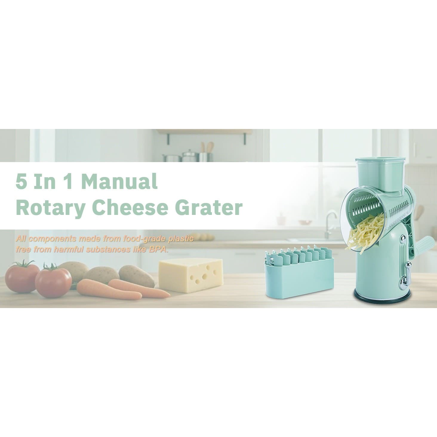 Manual Rotary Cheese Grater 5-in-1 with Suction Base Vegetable Slicer Green - Thumbnail 14
