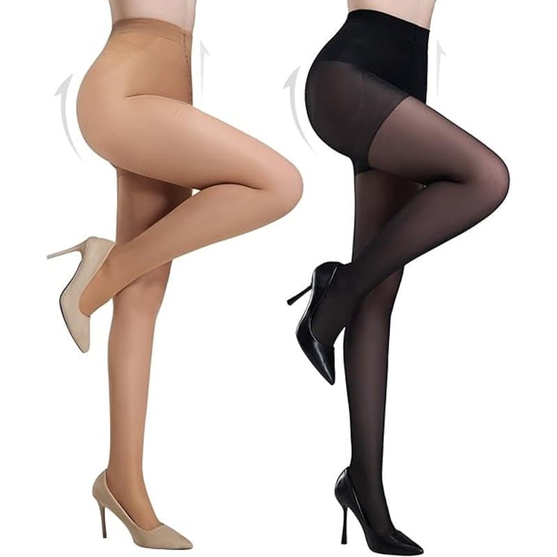 Tummy Control Pantyhose 40D Sheer Control Top 2 Pairs Black/Nude Size L