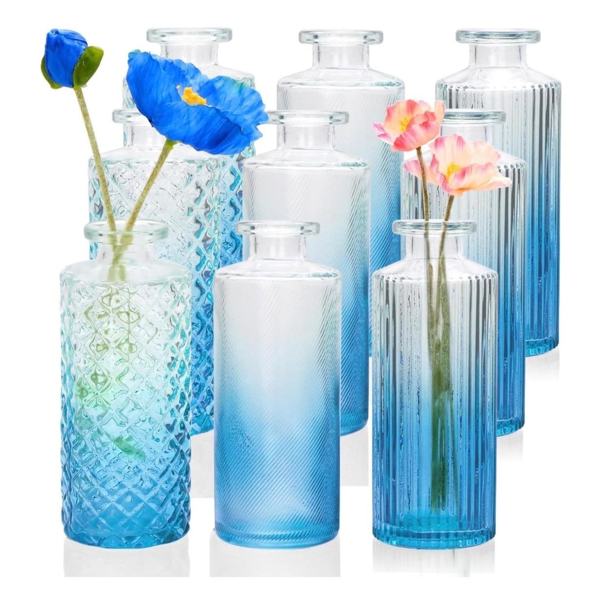 Set of 9 Mini Blue Glass Bud Vases for Table Decor Centerpieces - Thumbnail 4