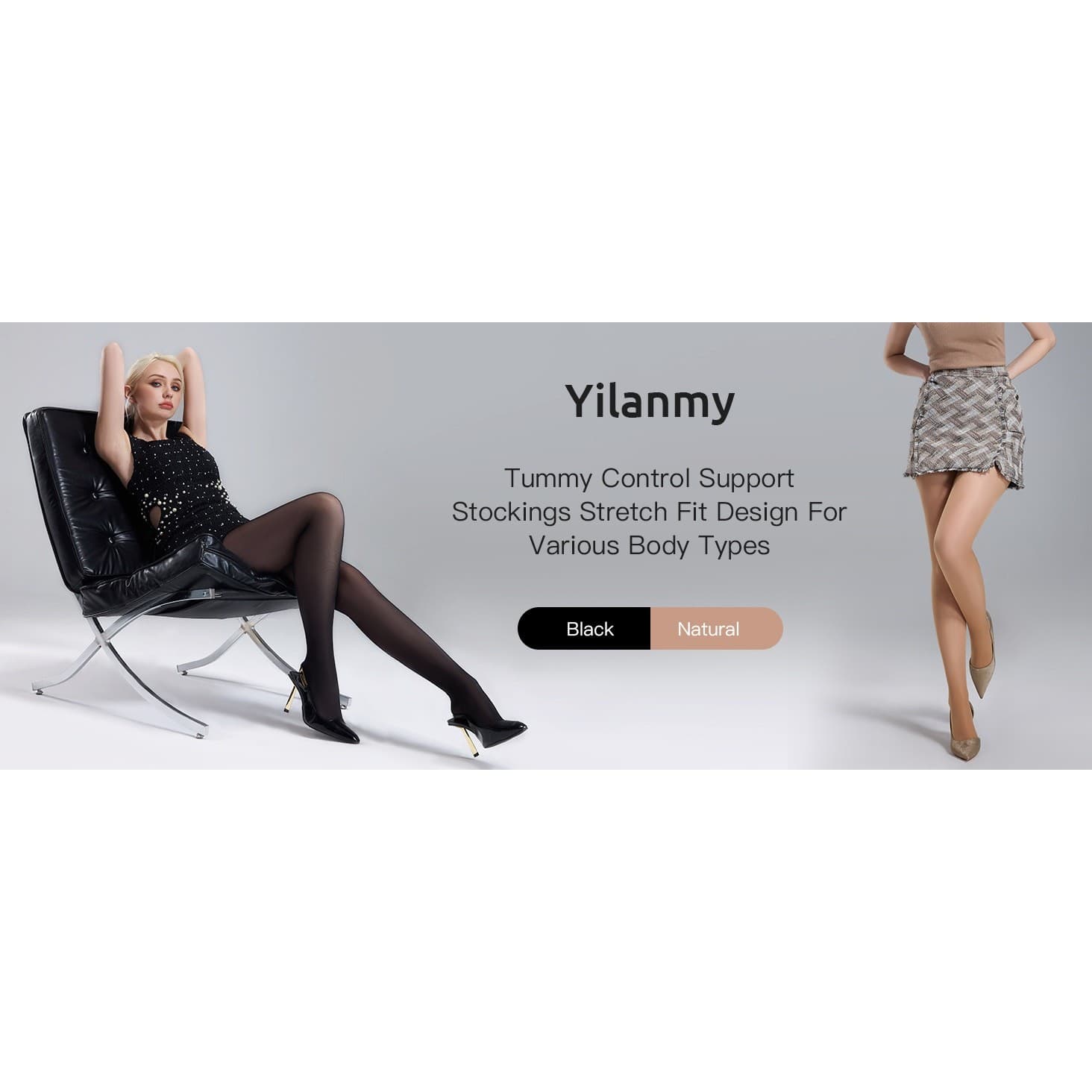 Tummy Control Pantyhose 40D Sheer Control Top 2 Pairs Black/Nude Size L - Thumbnail 15