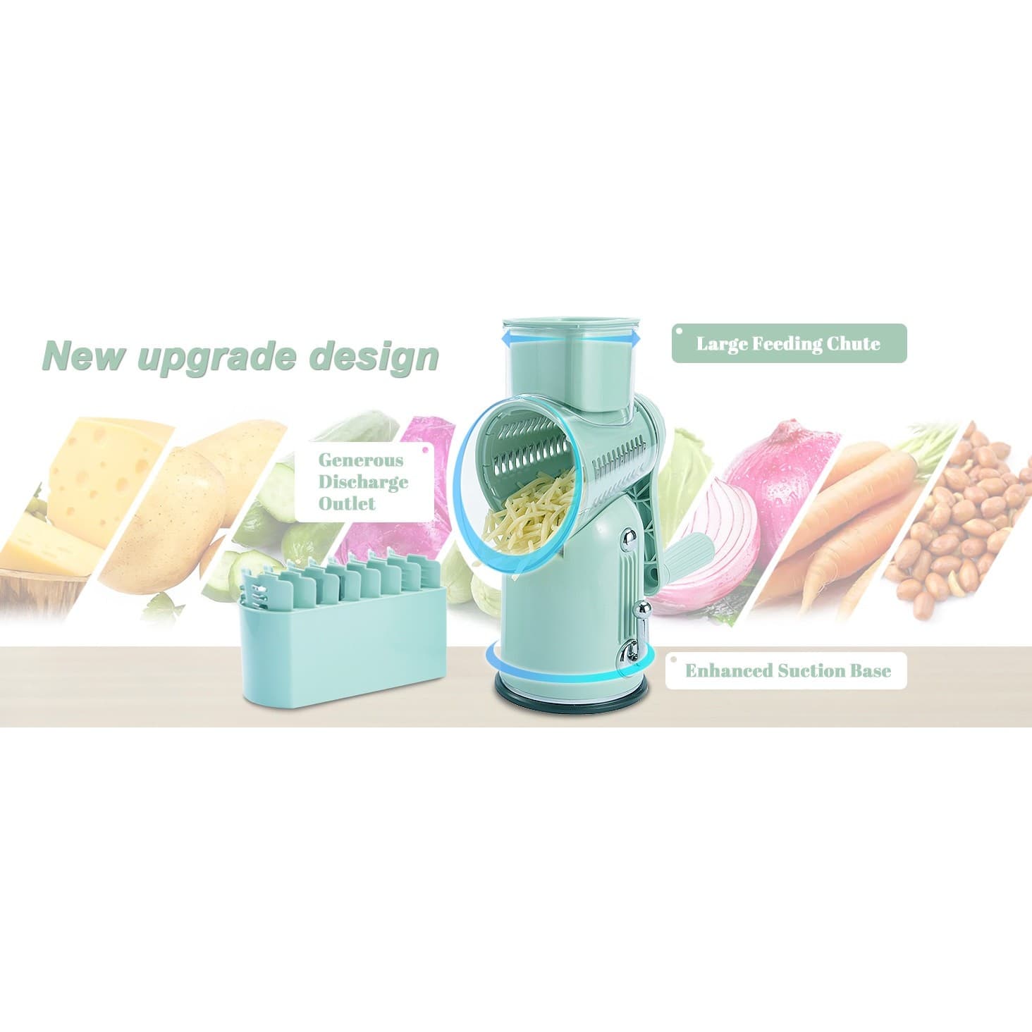 Manual Rotary Cheese Grater 5-in-1 with Suction Base Vegetable Slicer Green - Thumbnail 16