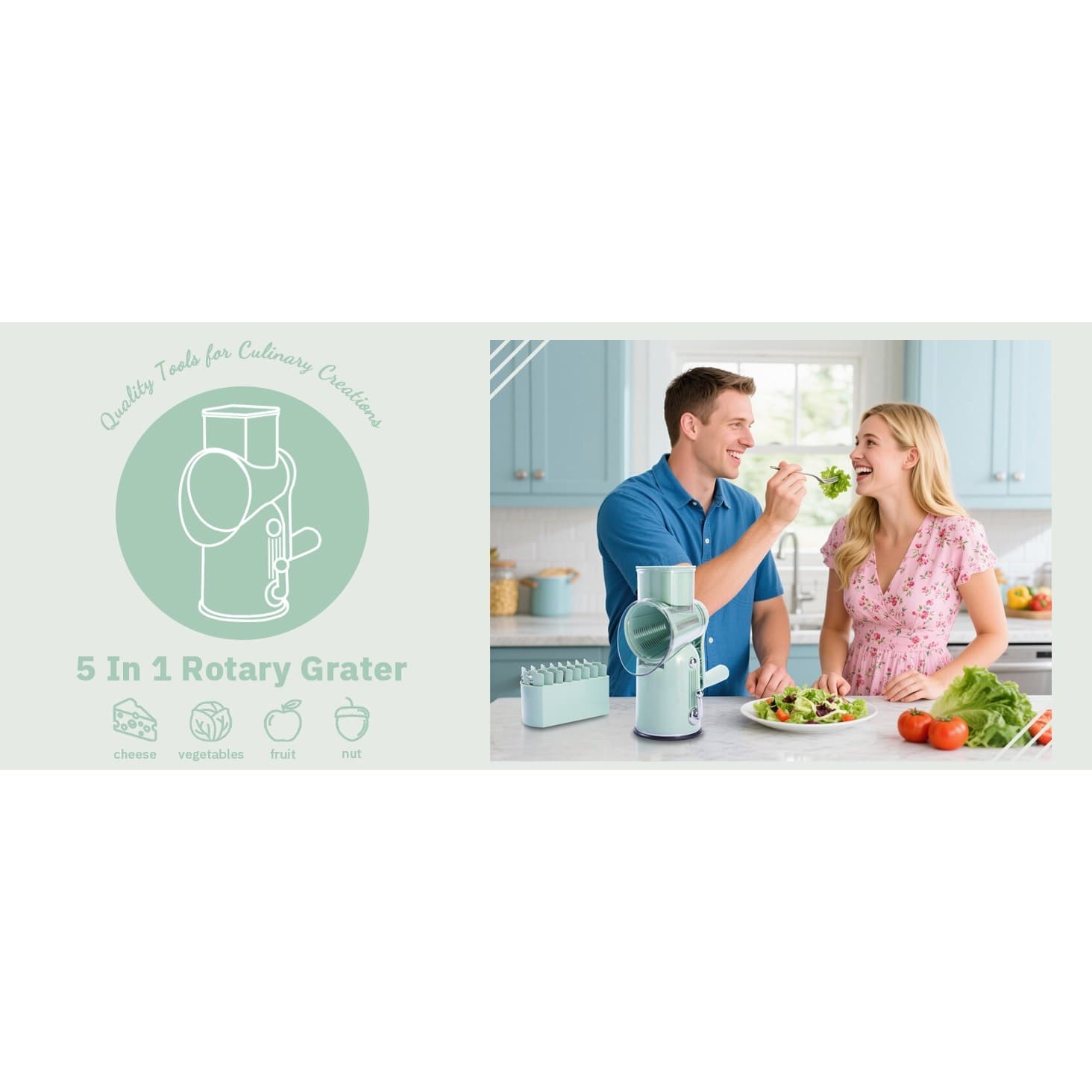 Manual Rotary Cheese Grater 5-in-1 with Suction Base Vegetable Slicer Green - Thumbnail 15