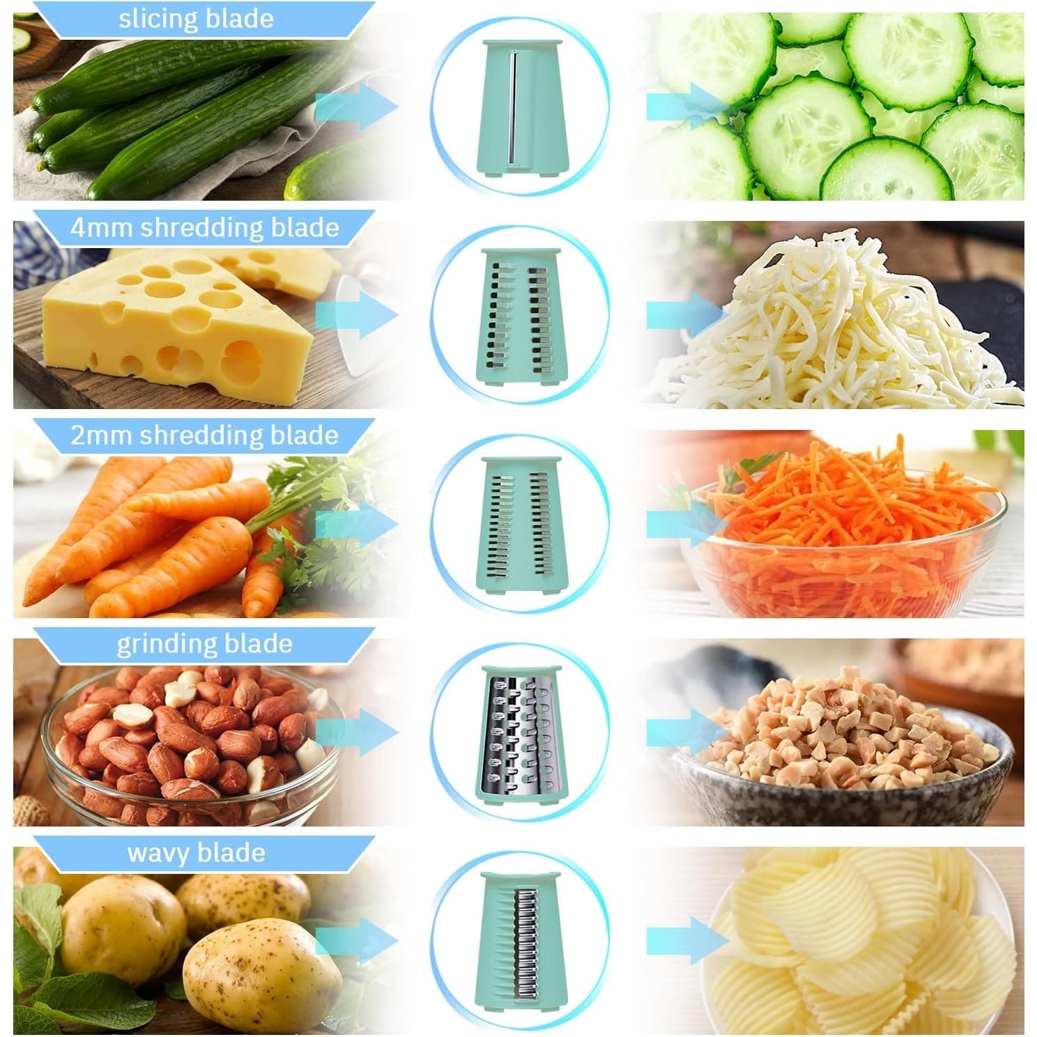 Manual Rotary Cheese Grater 5-in-1 with Suction Base Vegetable Slicer Green - Thumbnail 6