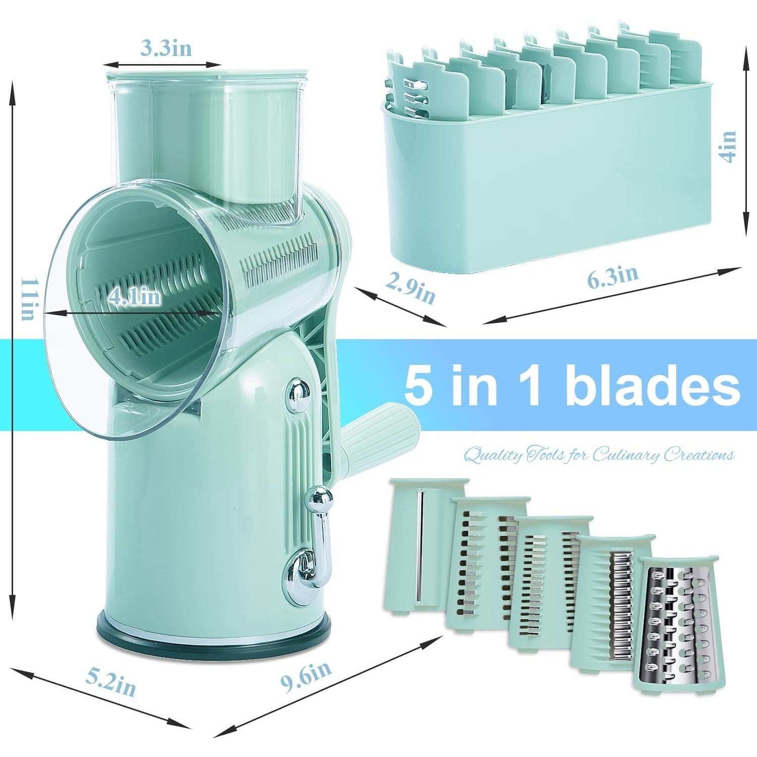 Manual Rotary Cheese Grater 5-in-1 with Suction Base Vegetable Slicer Green - Thumbnail 2