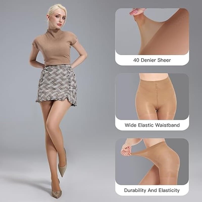 Tummy Control Pantyhose 40D Sheer Control Top 2 Pairs Black/Nude Size L - Thumbnail 6