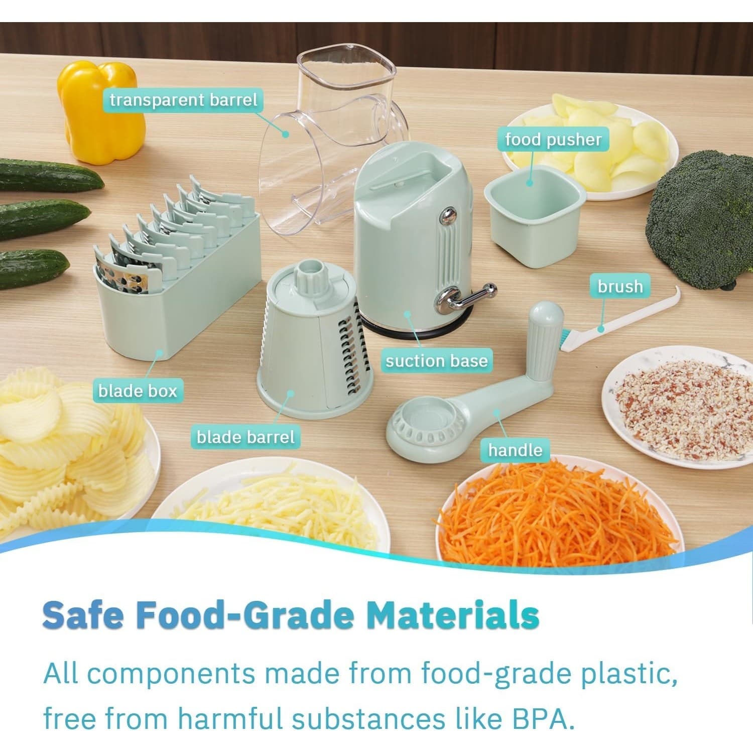 Manual Rotary Cheese Grater 5-in-1 with Suction Base Vegetable Slicer Green - Thumbnail 4