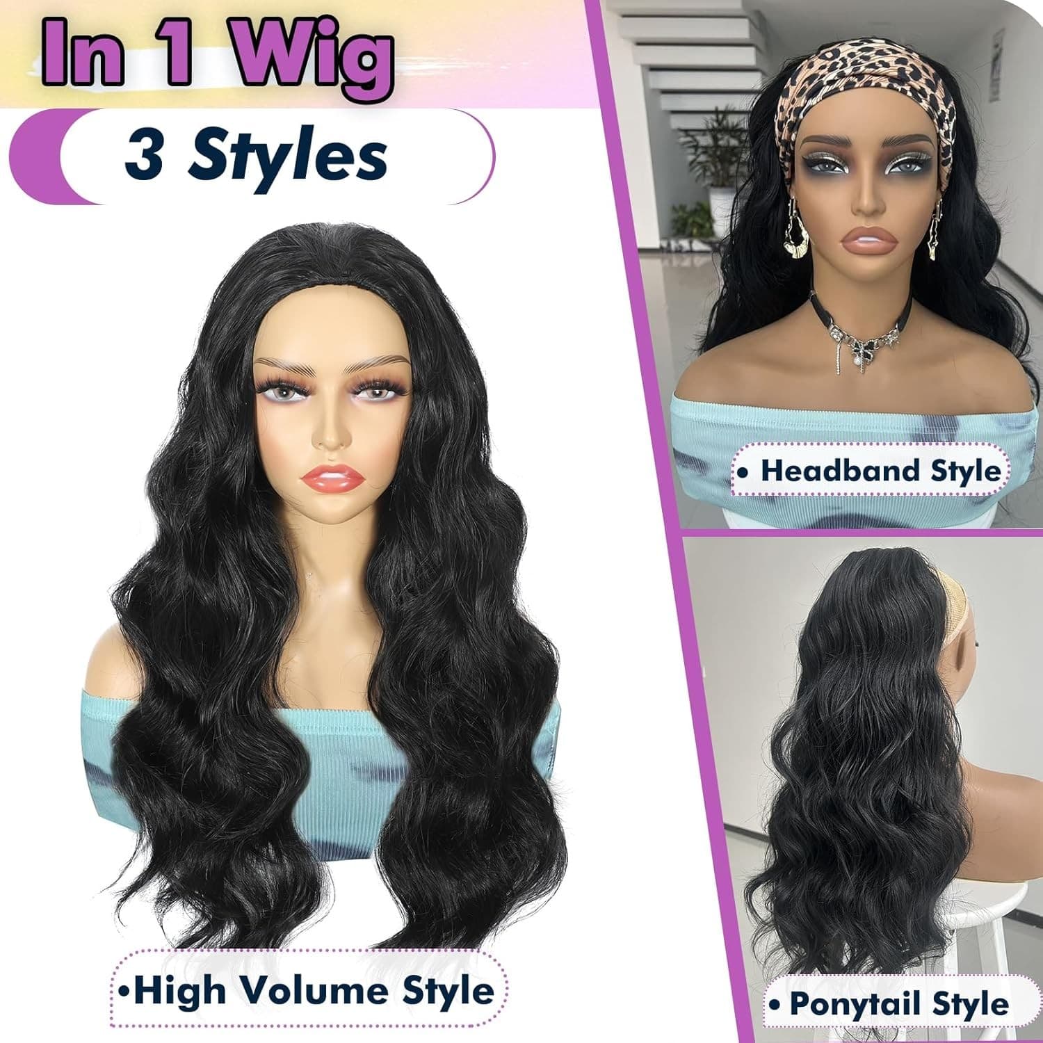 Synthetic Half Wig Body Wave 24 Inch Glueless Flip Over Black Wavy Hair - Thumbnail 5