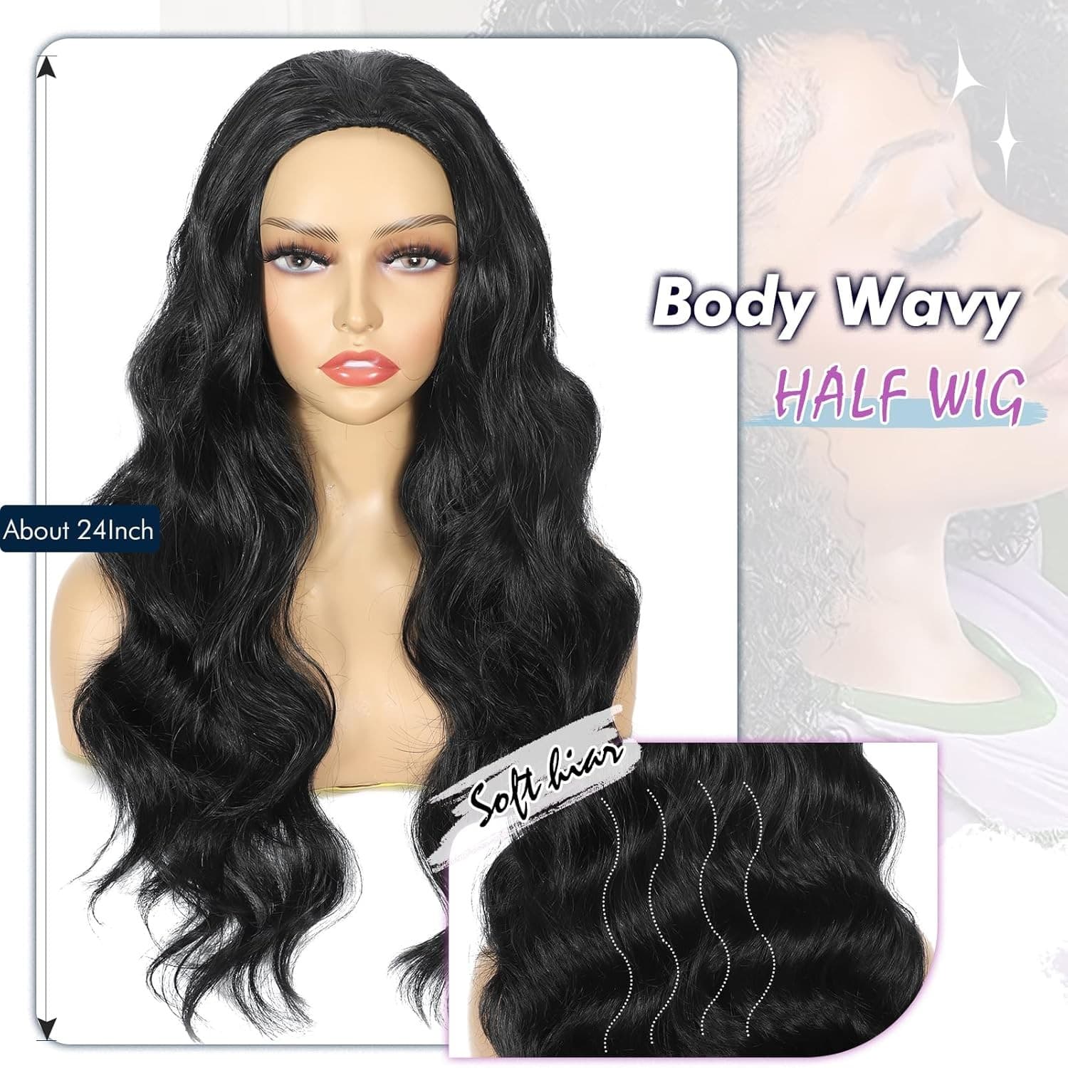 Synthetic Half Wig Body Wave 24 Inch Glueless Flip Over Black Wavy Hair - Thumbnail 2