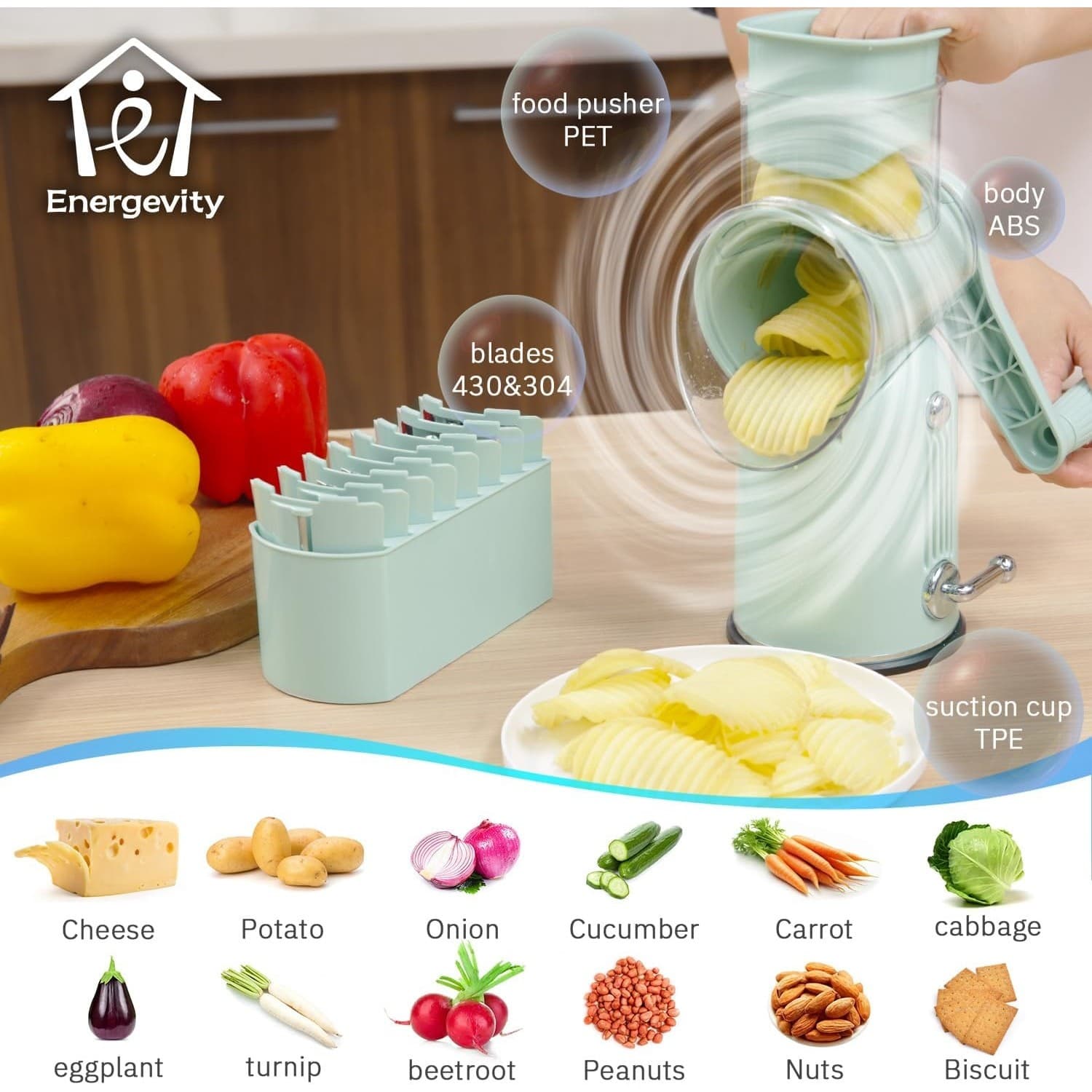 Manual Rotary Cheese Grater 5-in-1 with Suction Base Vegetable Slicer Green - Thumbnail 8