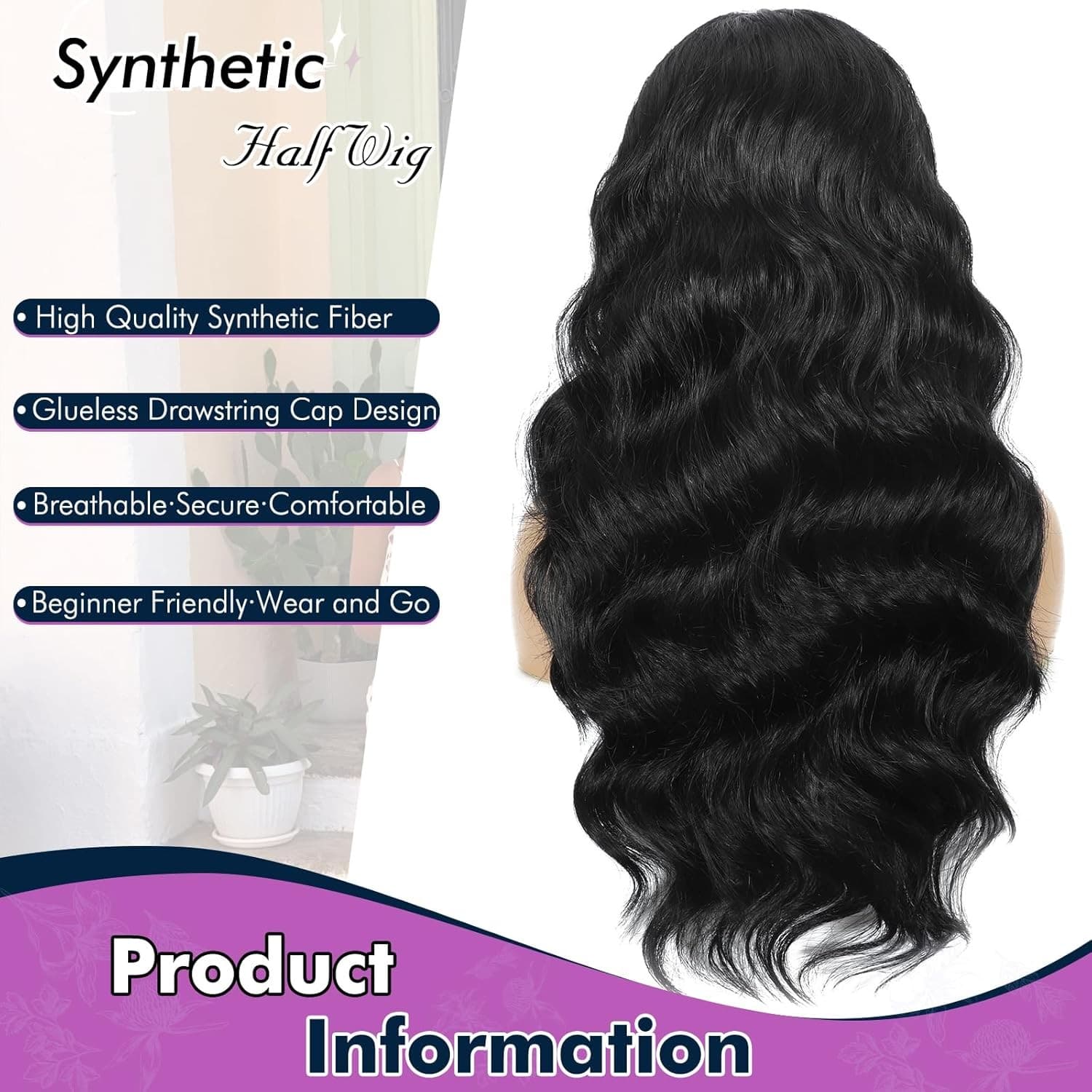 Synthetic Half Wig Body Wave 24 Inch Glueless Flip Over Black Wavy Hair - Thumbnail 3