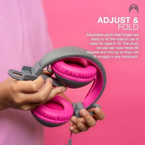 JLab JBuddies Studio 2 Kids Wired Headphones  Volume Limiter  Foldable  Adjustable  Mic  Noise Isolation  Grey/Pink - Thumbnail 4