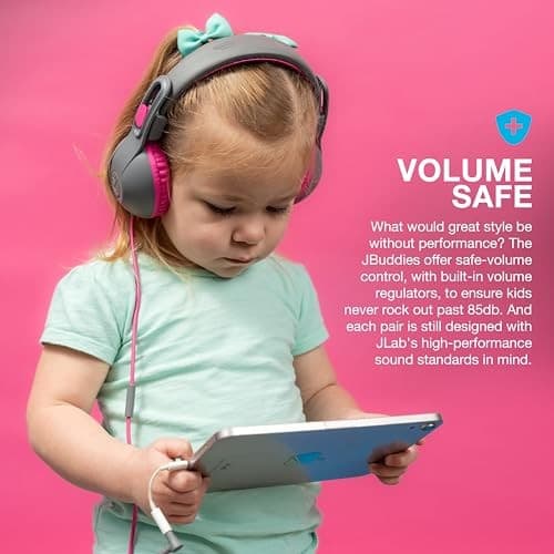 JLab JBuddies Studio 2 Kids Wired Headphones  Volume Limiter  Foldable  Adjustable  Mic  Noise Isolation  Grey/Pink - Thumbnail 3