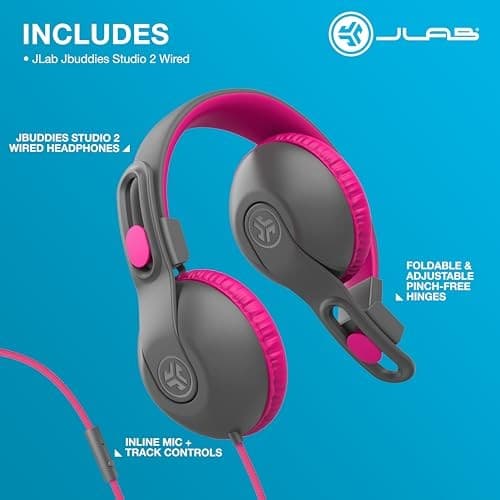 JLab JBuddies Studio 2 Kids Wired Headphones  Volume Limiter  Foldable  Adjustable  Mic  Noise Isolation  Grey/Pink - Thumbnail 6