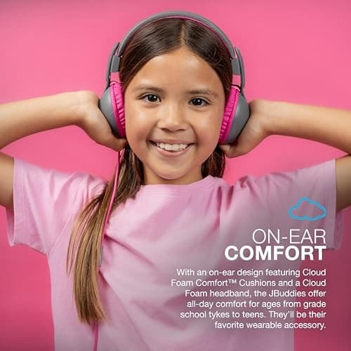 JLab JBuddies Studio 2 Kids Wired Headphones  Volume Limiter  Foldable  Adjustable  Mic  Noise Isolation  Grey/Pink - Thumbnail 2