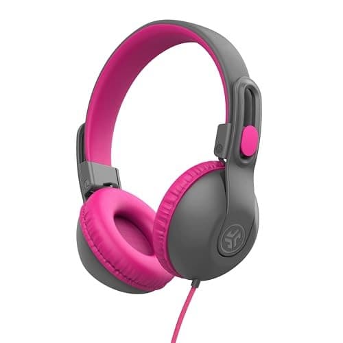 JLab JBuddies Studio 2 Kids Wired Headphones  Volume Limiter  Foldable  Adjustable  Mic  Noise Isolation  Grey/Pink