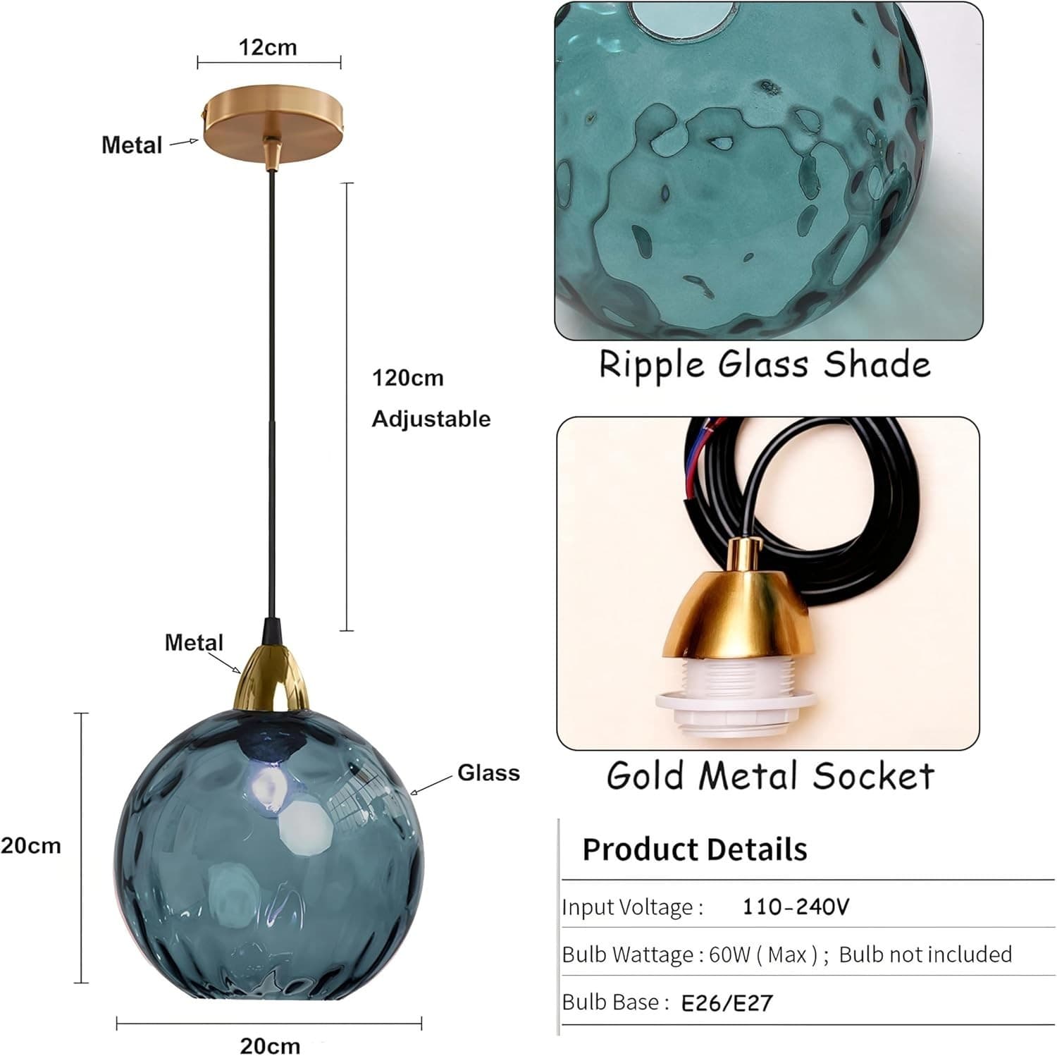 Modern Glass Pendant Light Globe Hanging Ceiling E26 Lamp Kitchen Island Decor - Thumbnail 2