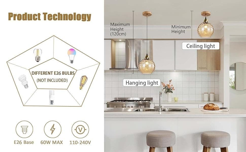 Modern Glass Pendant Light Globe Hanging Ceiling E26 Lamp Kitchen Island Decor - Thumbnail 10
