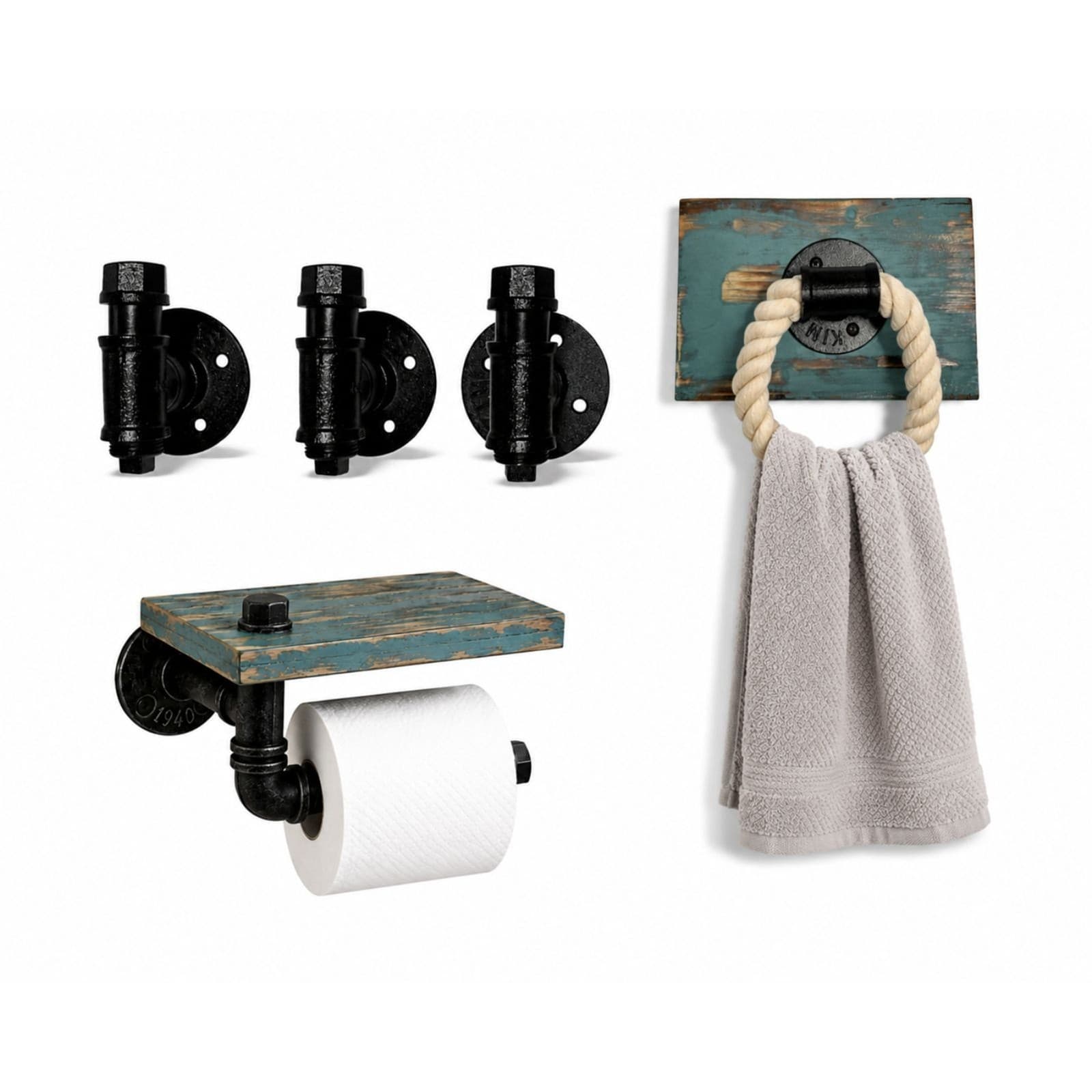 Rustic Industrial Bathroom Accessory Set Toilet Paper w Shelf, Hooks & Rope Ring