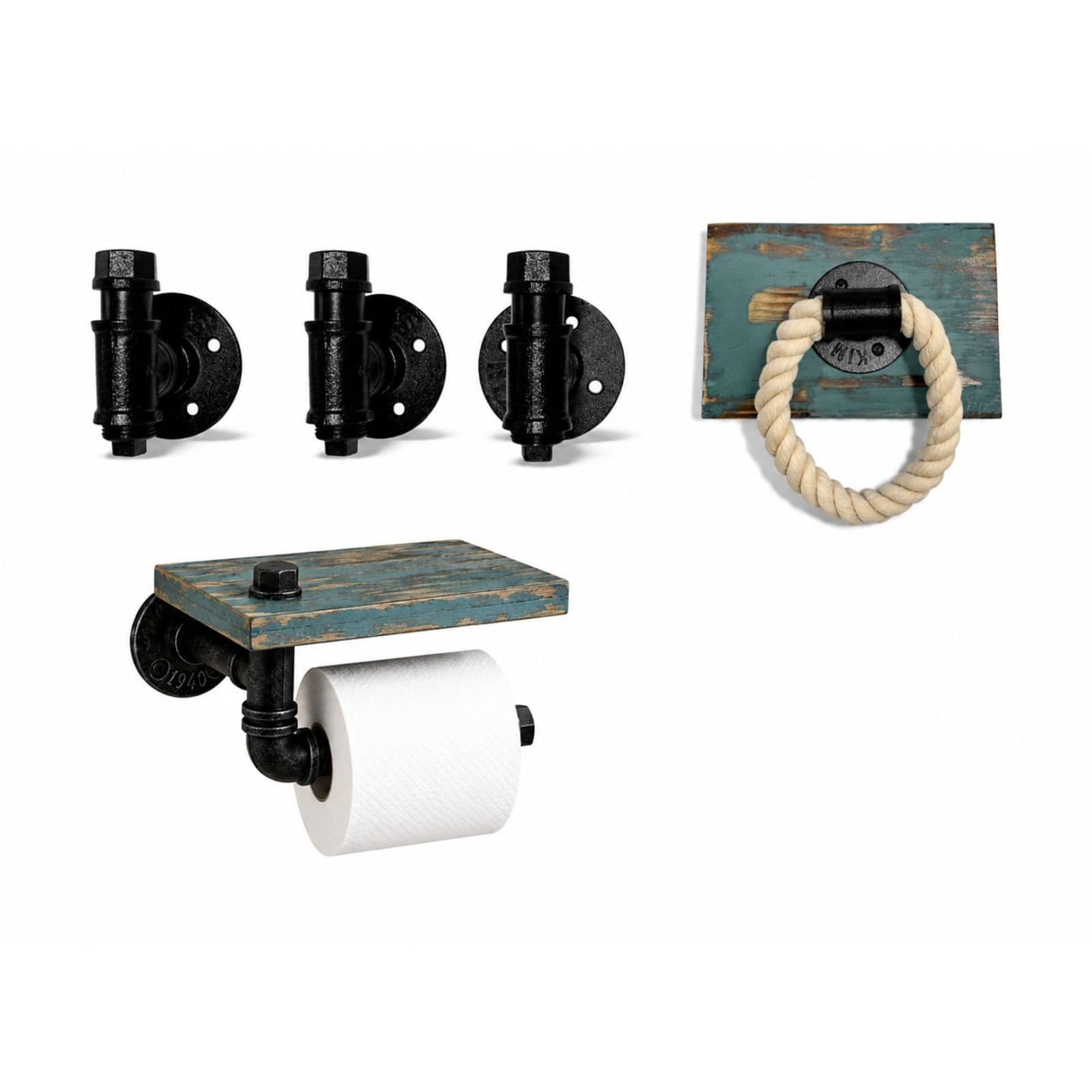 Rustic Industrial Bathroom Accessory Set Toilet Paper w Shelf, Hooks & Rope Ring - Thumbnail 3