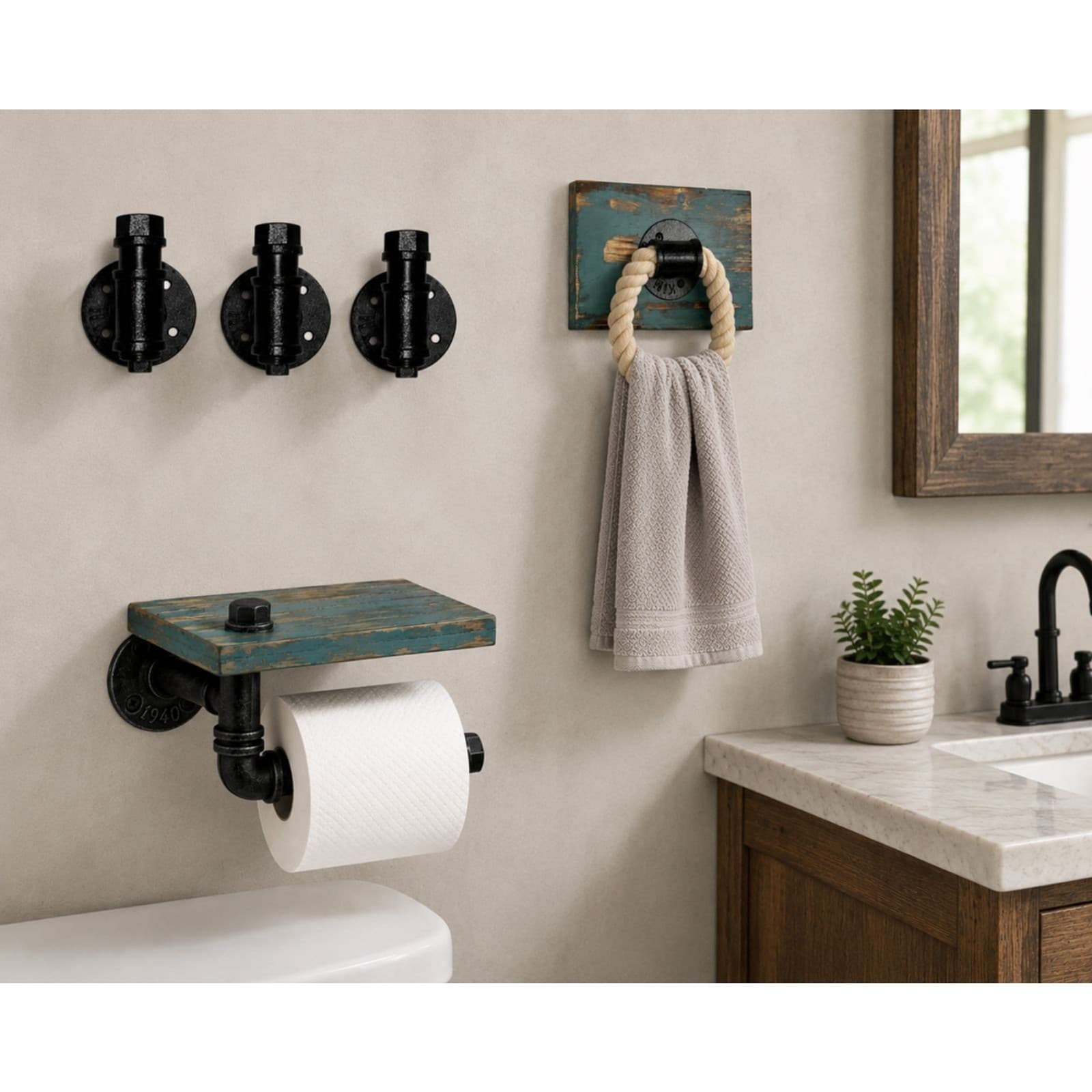 Rustic Industrial Bathroom Accessory Set Toilet Paper w Shelf, Hooks & Rope Ring - Thumbnail 4