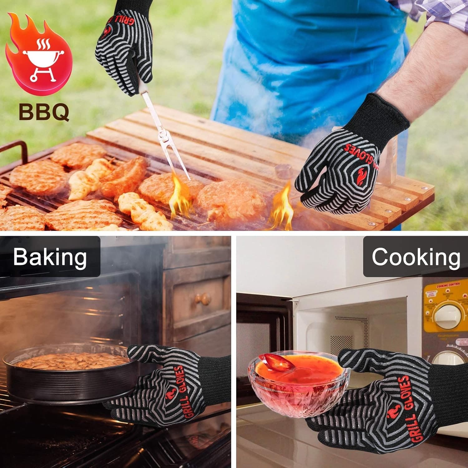 BBQ Grill Gloves Heat Resistant 1472°F Non-Slip Silicone Cooking Oven Mitts - Thumbnail 8