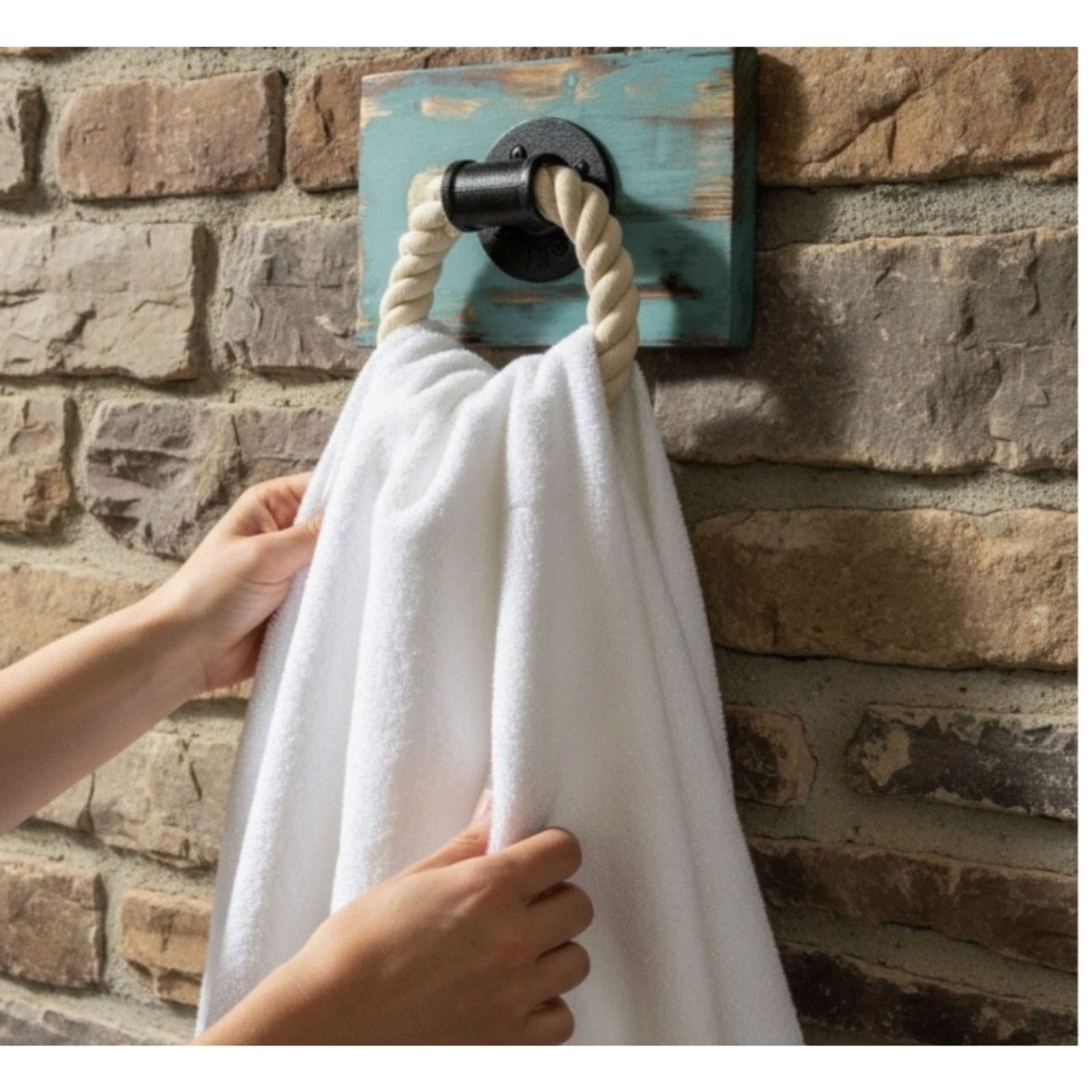 Rustic Industrial Bathroom Accessory Set Toilet Paper w Shelf, Hooks & Rope Ring - Thumbnail 13
