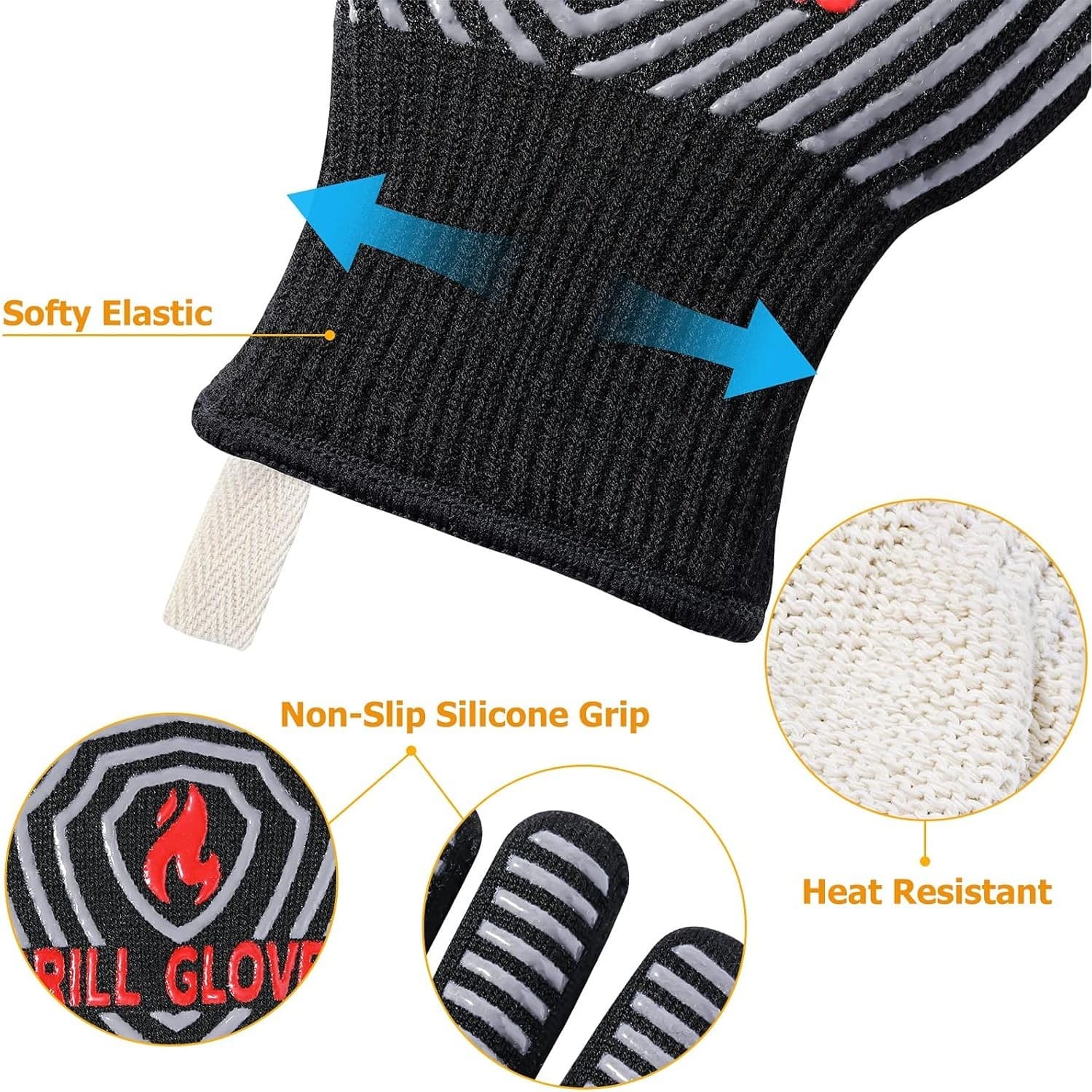 BBQ Grill Gloves Heat Resistant 1472°F Non-Slip Silicone Cooking Oven Mitts - Thumbnail 4