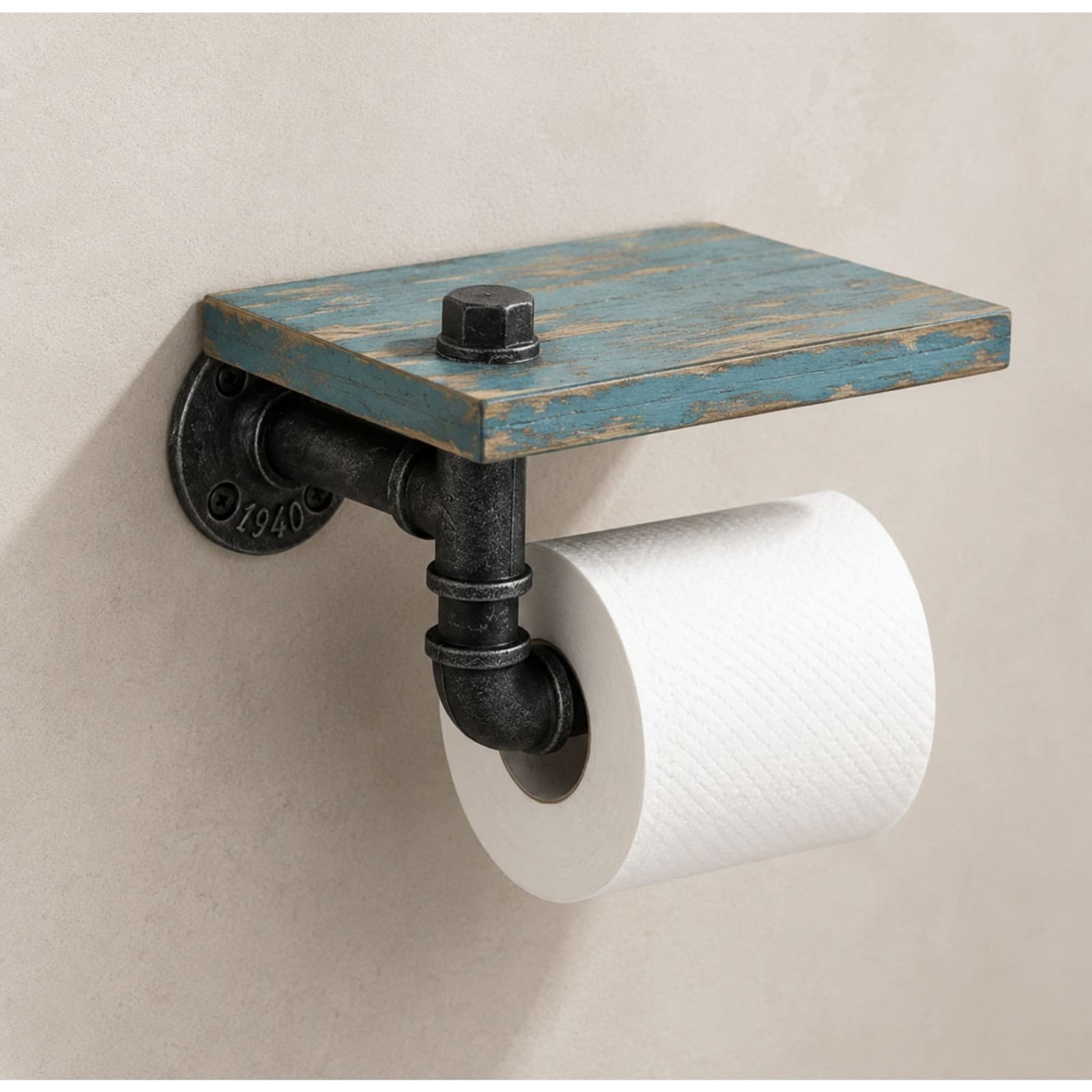 Rustic Industrial Bathroom Accessory Set Toilet Paper w Shelf, Hooks & Rope Ring - Thumbnail 2