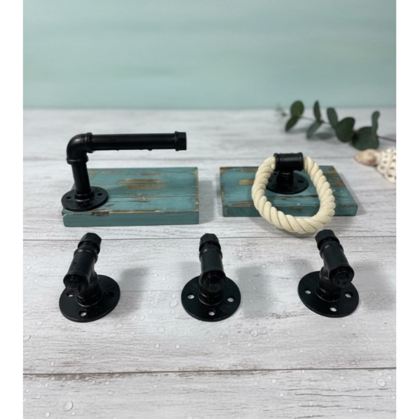 Rustic Industrial Bathroom Accessory Set Toilet Paper w Shelf, Hooks & Rope Ring - Thumbnail 12