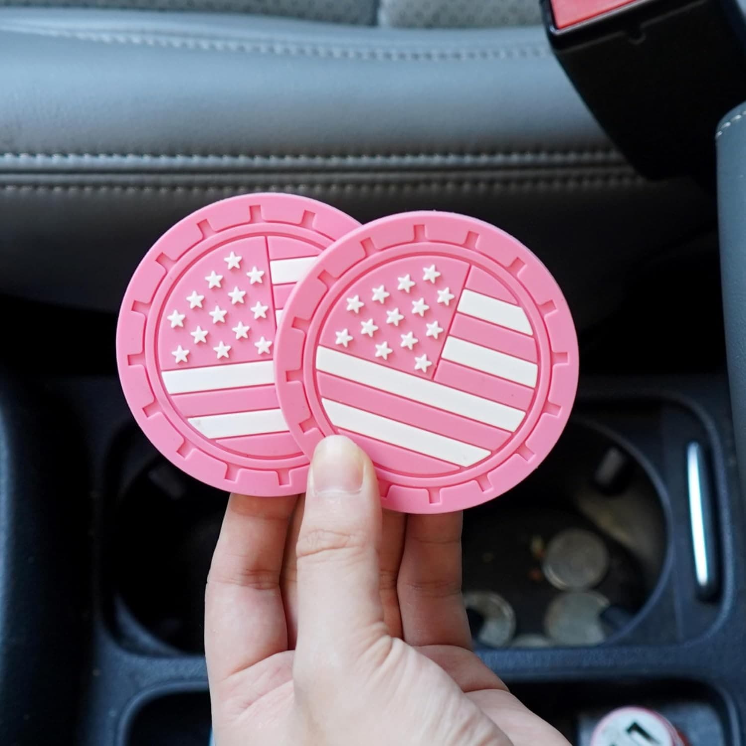 2 Pack Pink American Flag Car Cup Holder Coasters 2.8" PVC Non-Slip Auto Mats - Thumbnail 3
