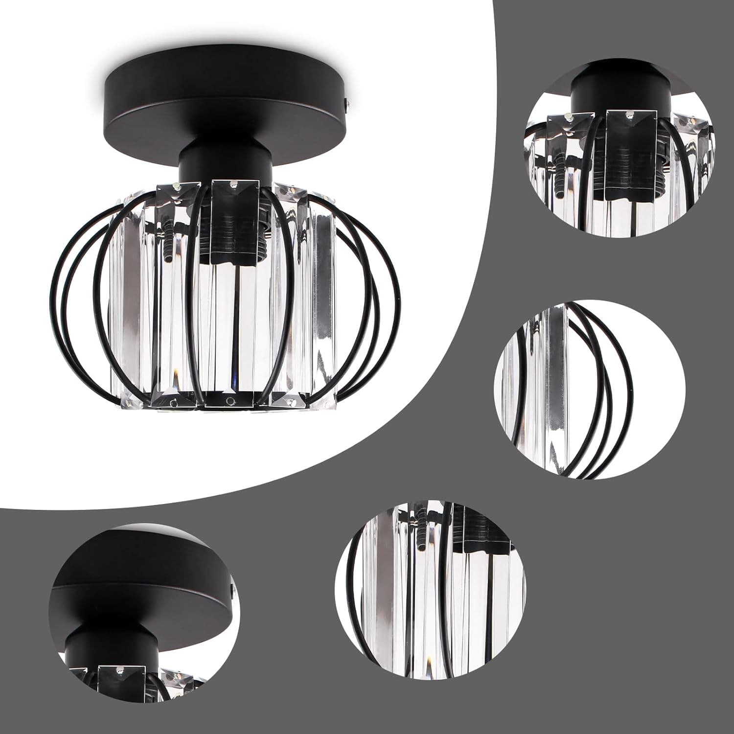 Black Modern Crystal Semi Flush Mount Ceiling Light E26 Hallway Fixture Decor - Thumbnail 3