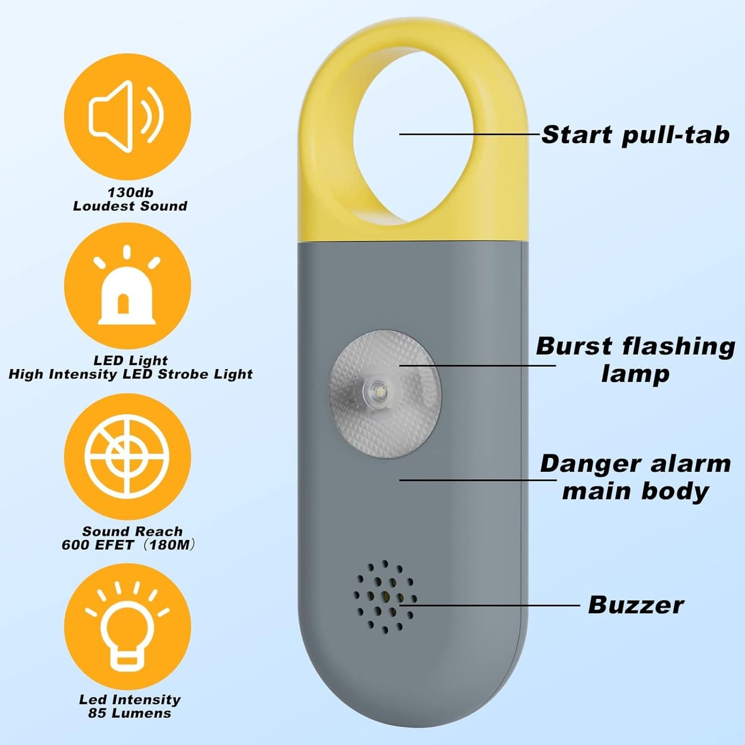 130dB Personal Safety Alarm Keychain with SOS LED Light | Kids Adults Elderly - Thumbnail 3